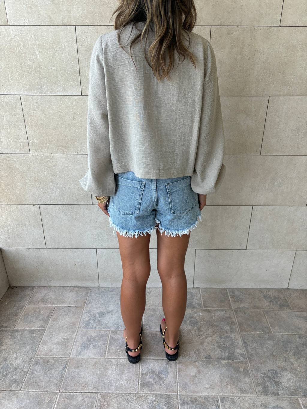 Grey Ribbon Tie Blouse