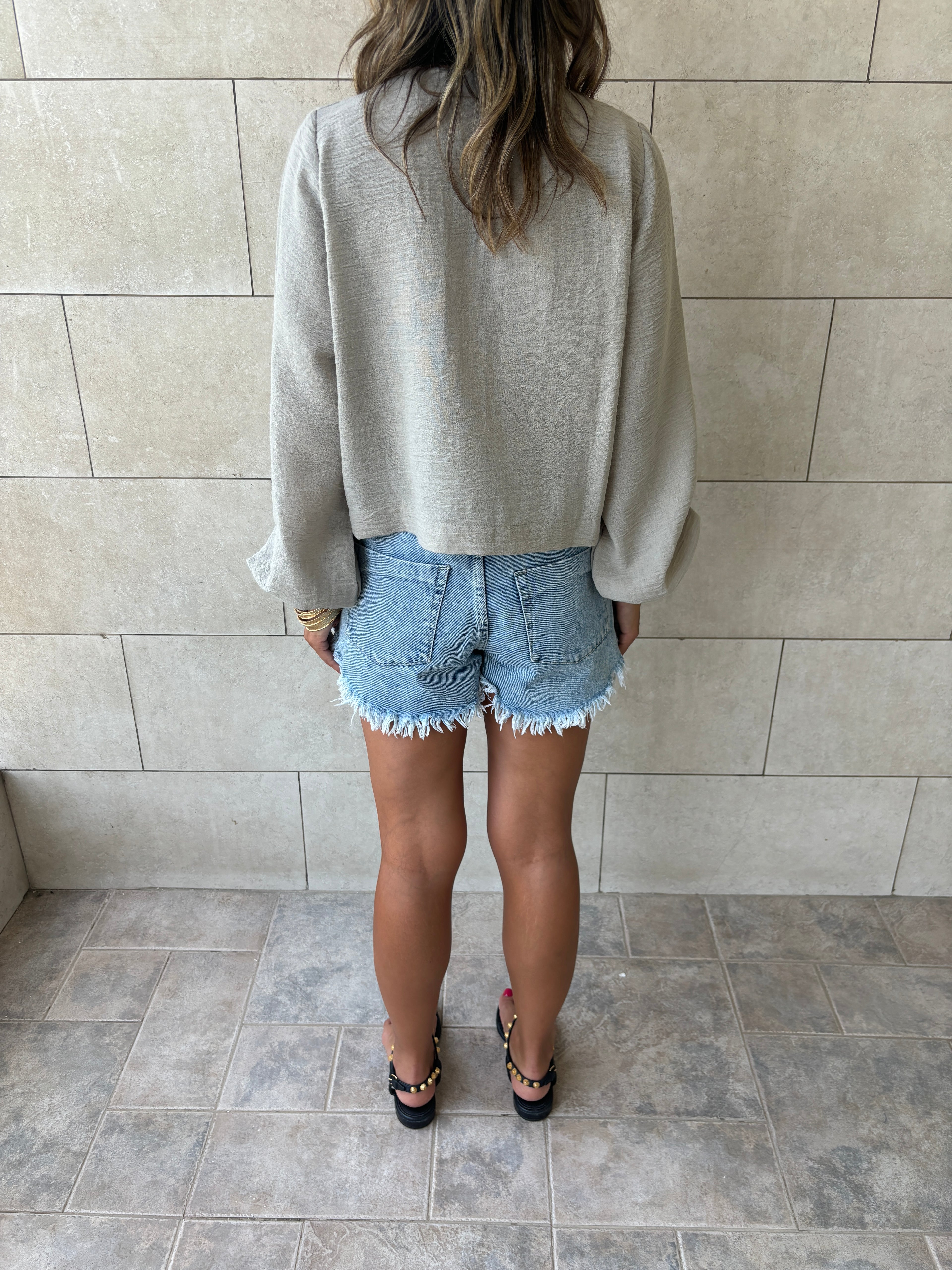 Grey Ribbon Tie Blouse