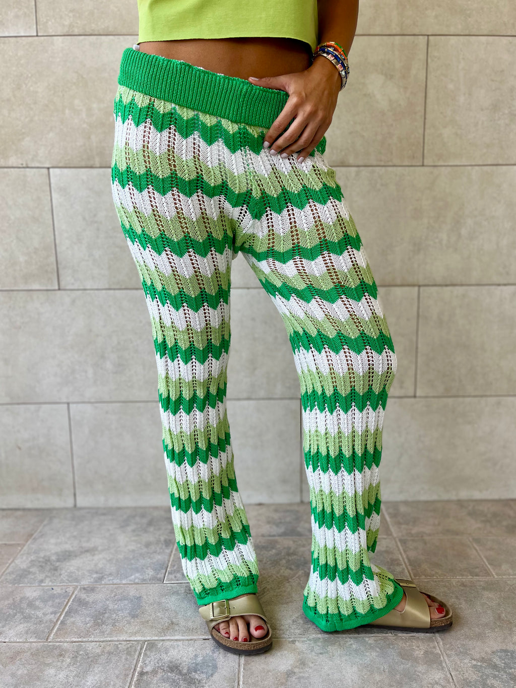Green Giving Waves Crochet Pants