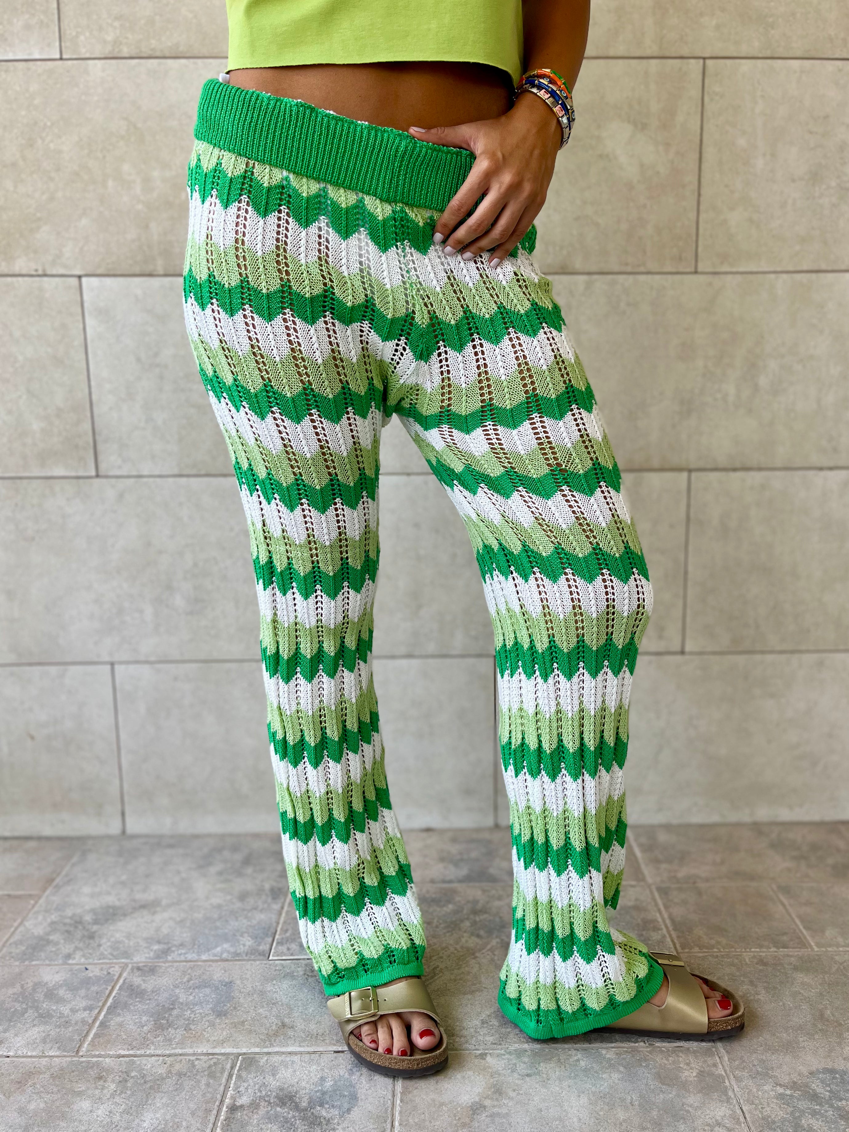Green Giving Waves Crochet Pants