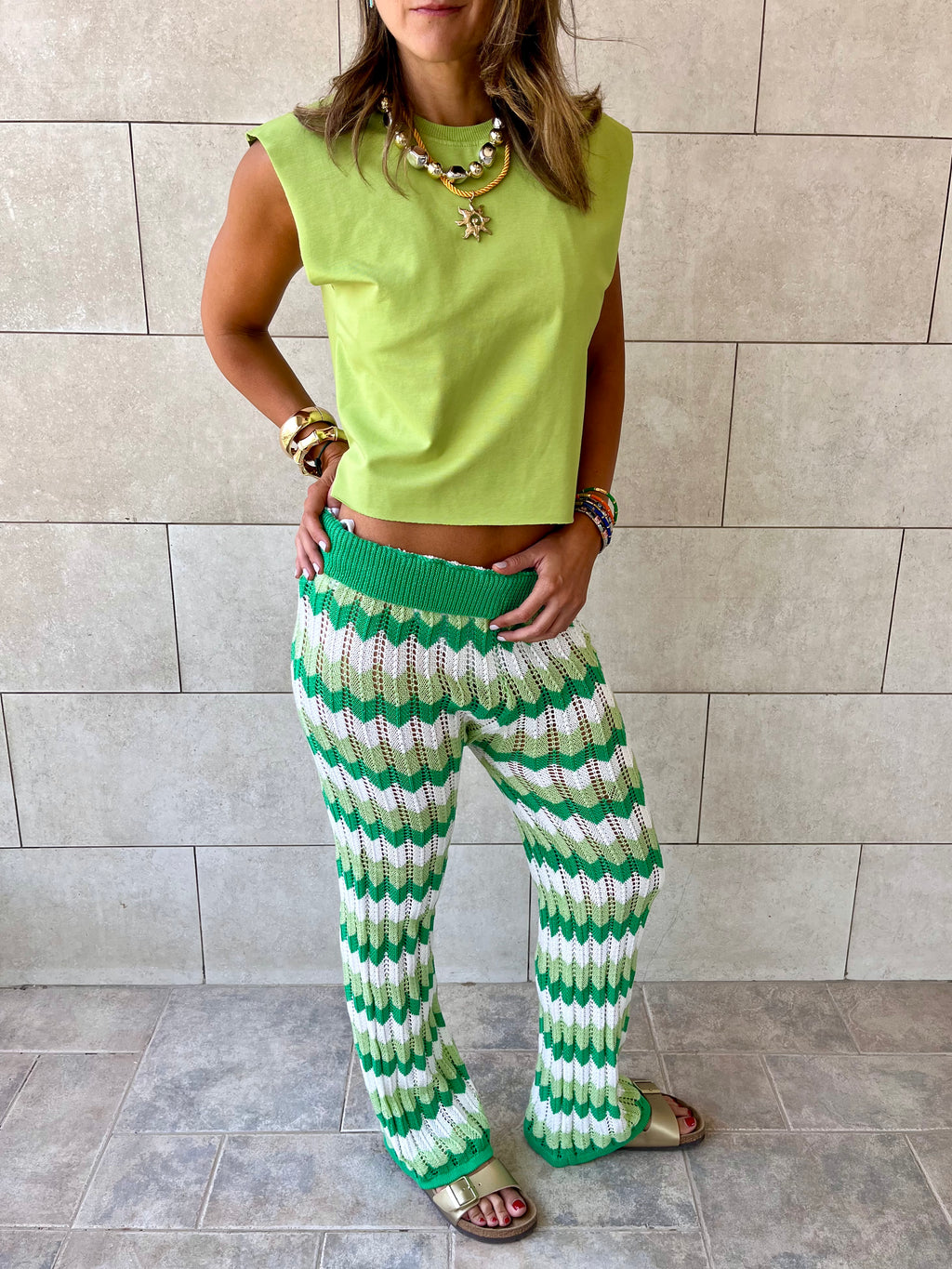 Green Giving Waves Crochet Pants