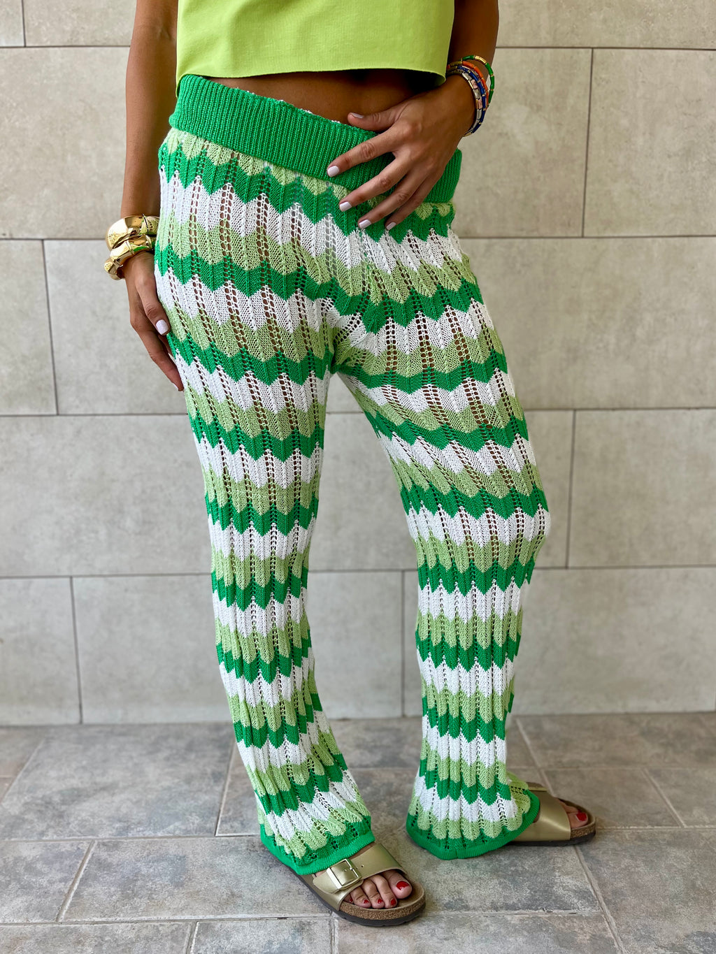 Green Giving Waves Crochet Pants