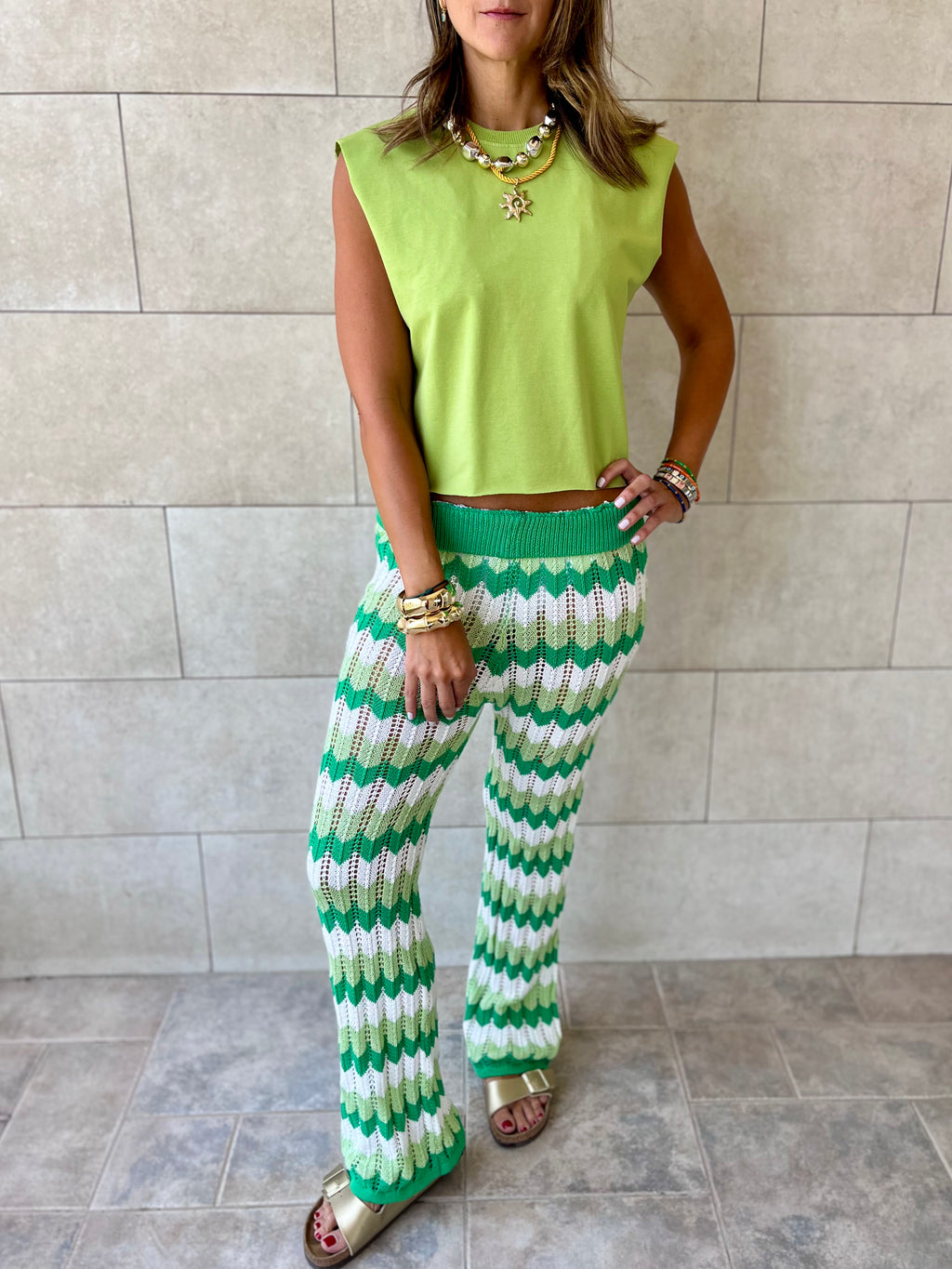 Green Giving Waves Crochet Pants