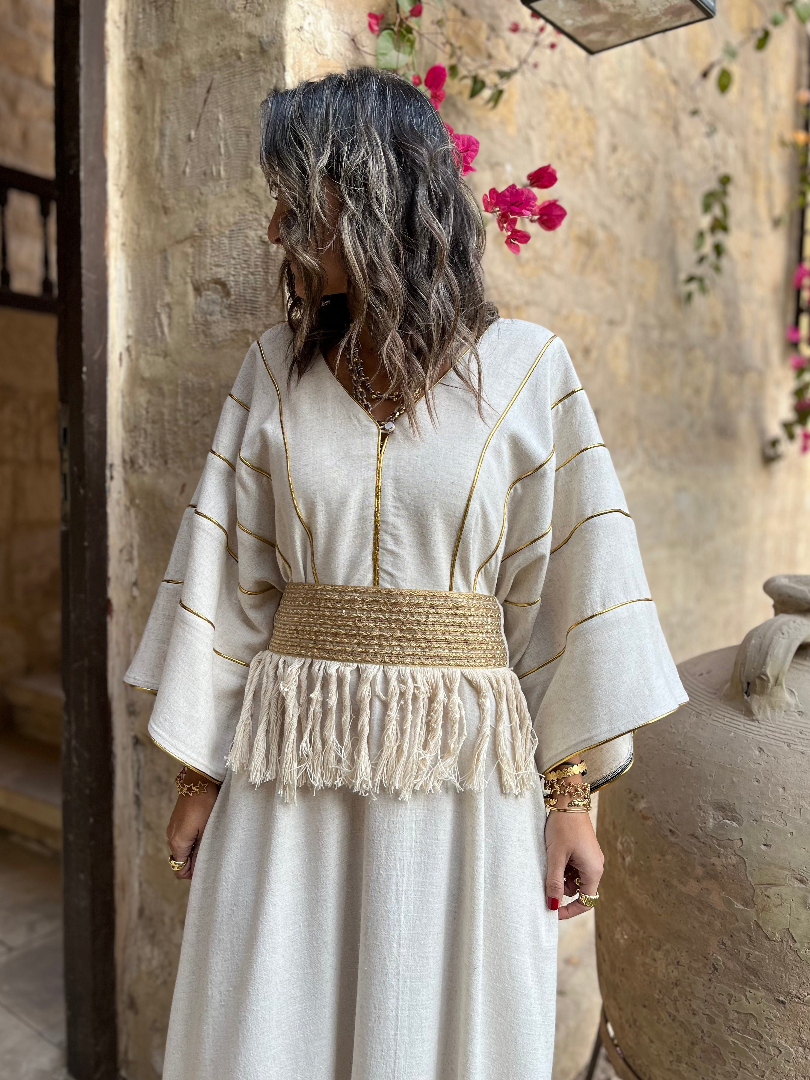 Beige Linen with detachable belt Kaftan