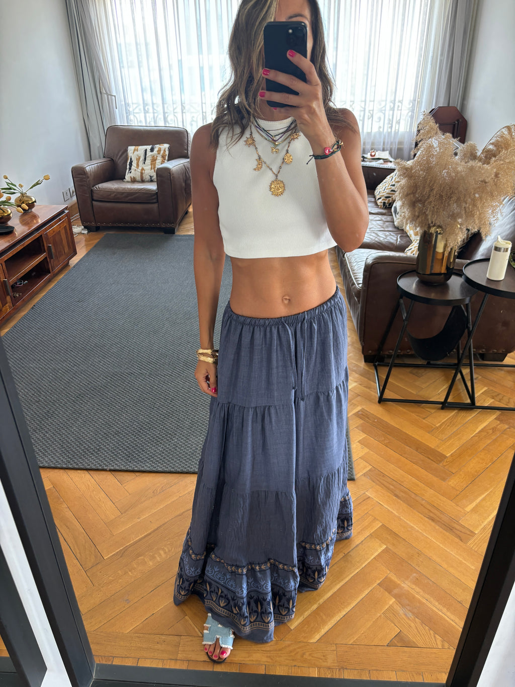 Navy Embroidered Detailed Tiered Skirt