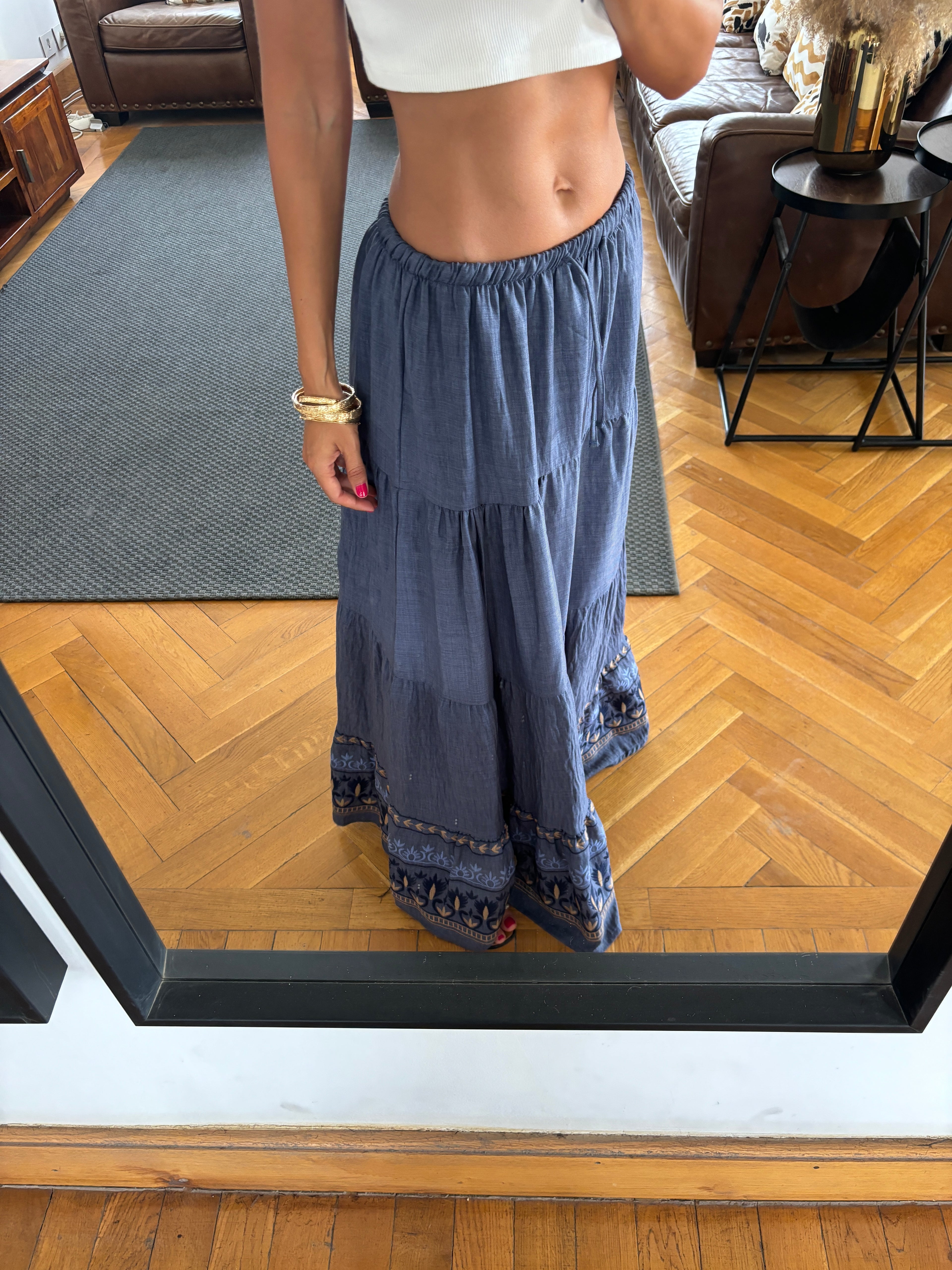 Navy Embroidered Detailed Tiered Skirt