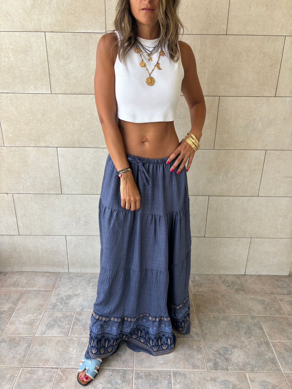 Navy Embroidered Detailed Tiered Skirt