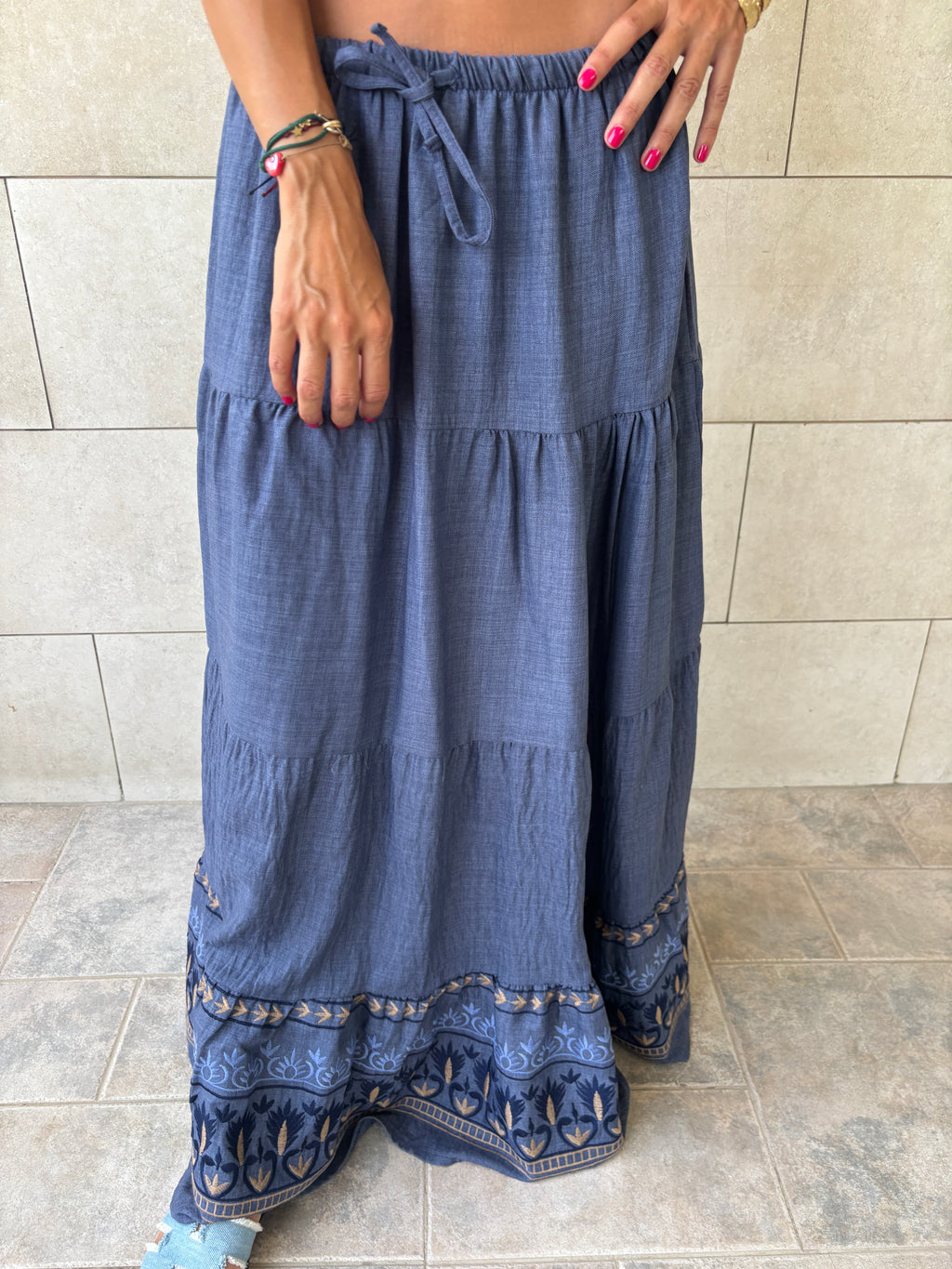 Navy Embroidered Detailed Tiered Skirt