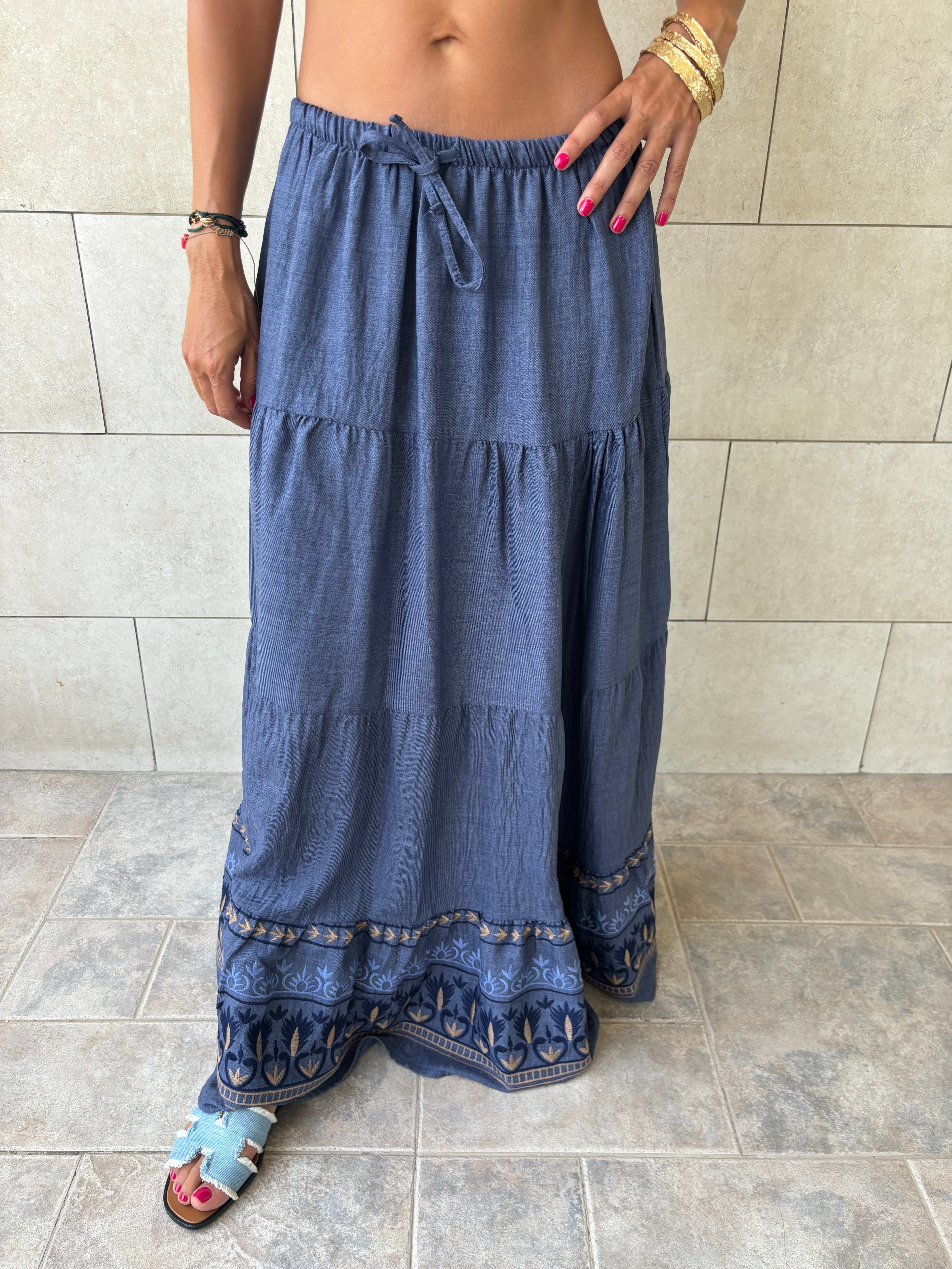 Navy Embroidered Detailed Tiered Skirt