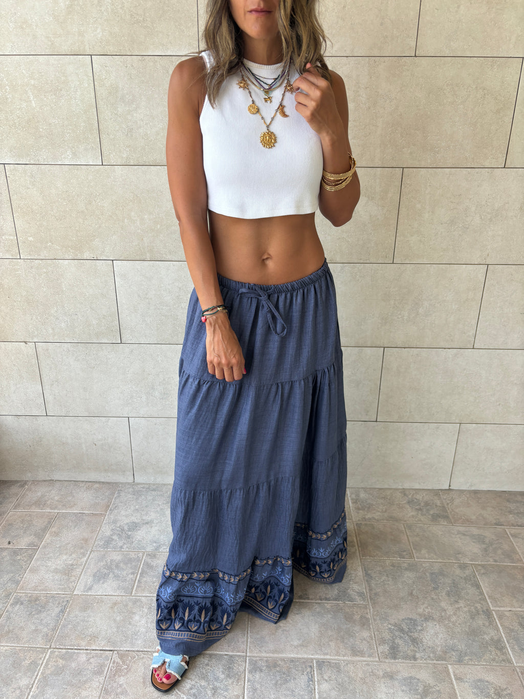 Navy Embroidered Detailed Tiered Skirt