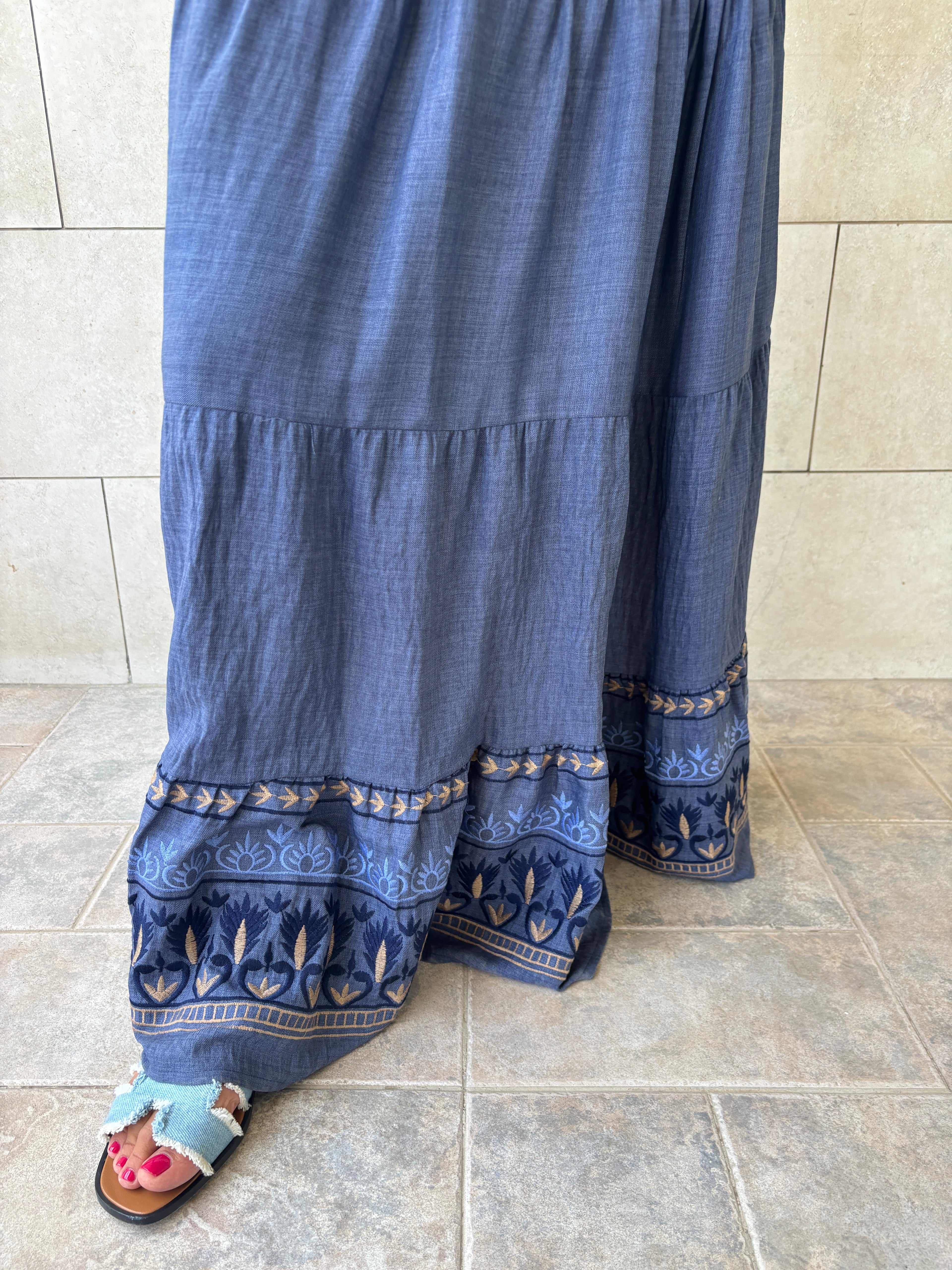 Navy Embroidered Detailed Tiered Skirt