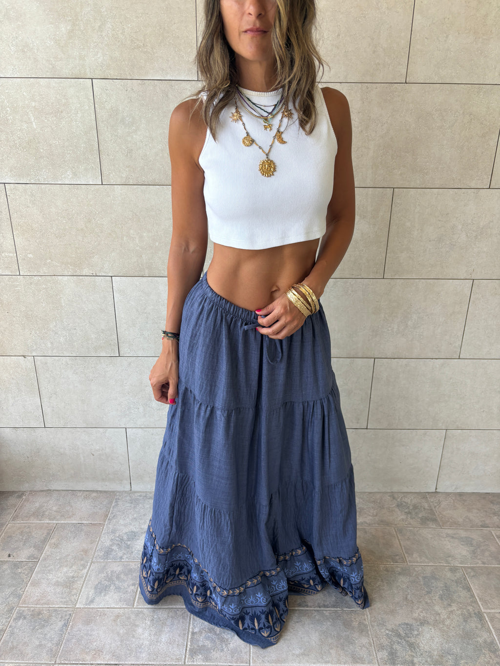 Navy Embroidered Detailed Tiered Skirt