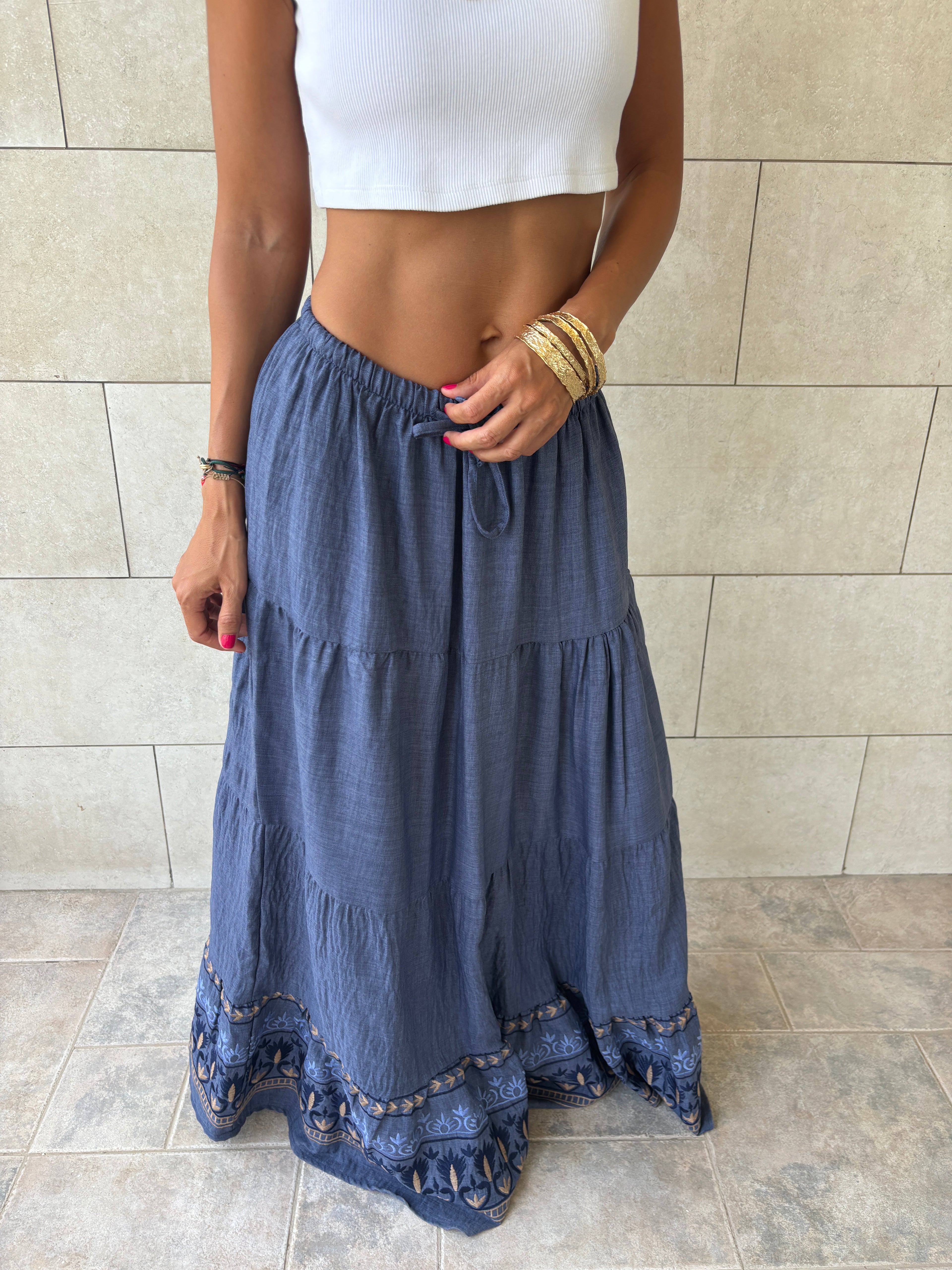Navy Embroidered Detailed Tiered Skirt