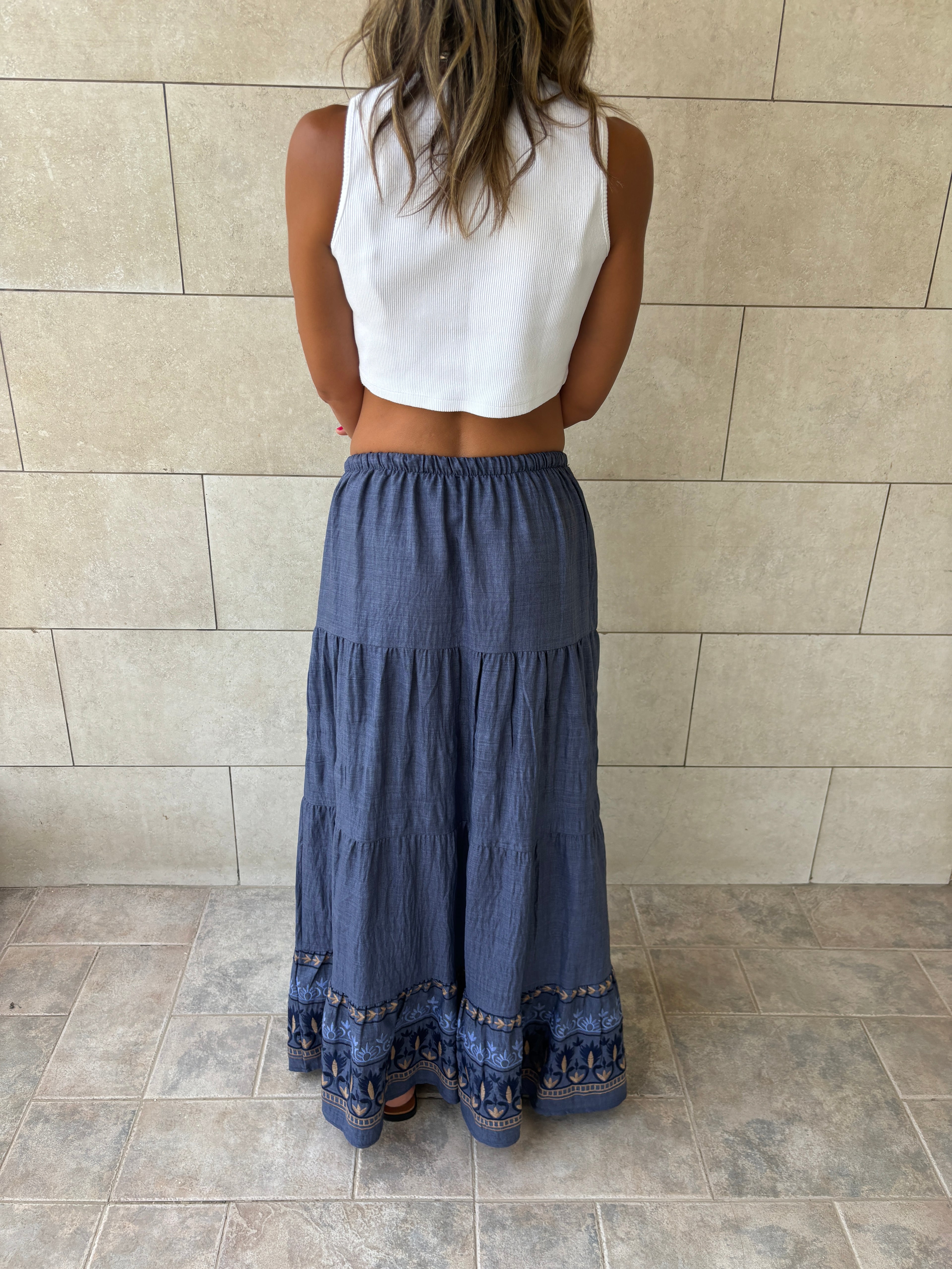 Navy Embroidered Detailed Tiered Skirt