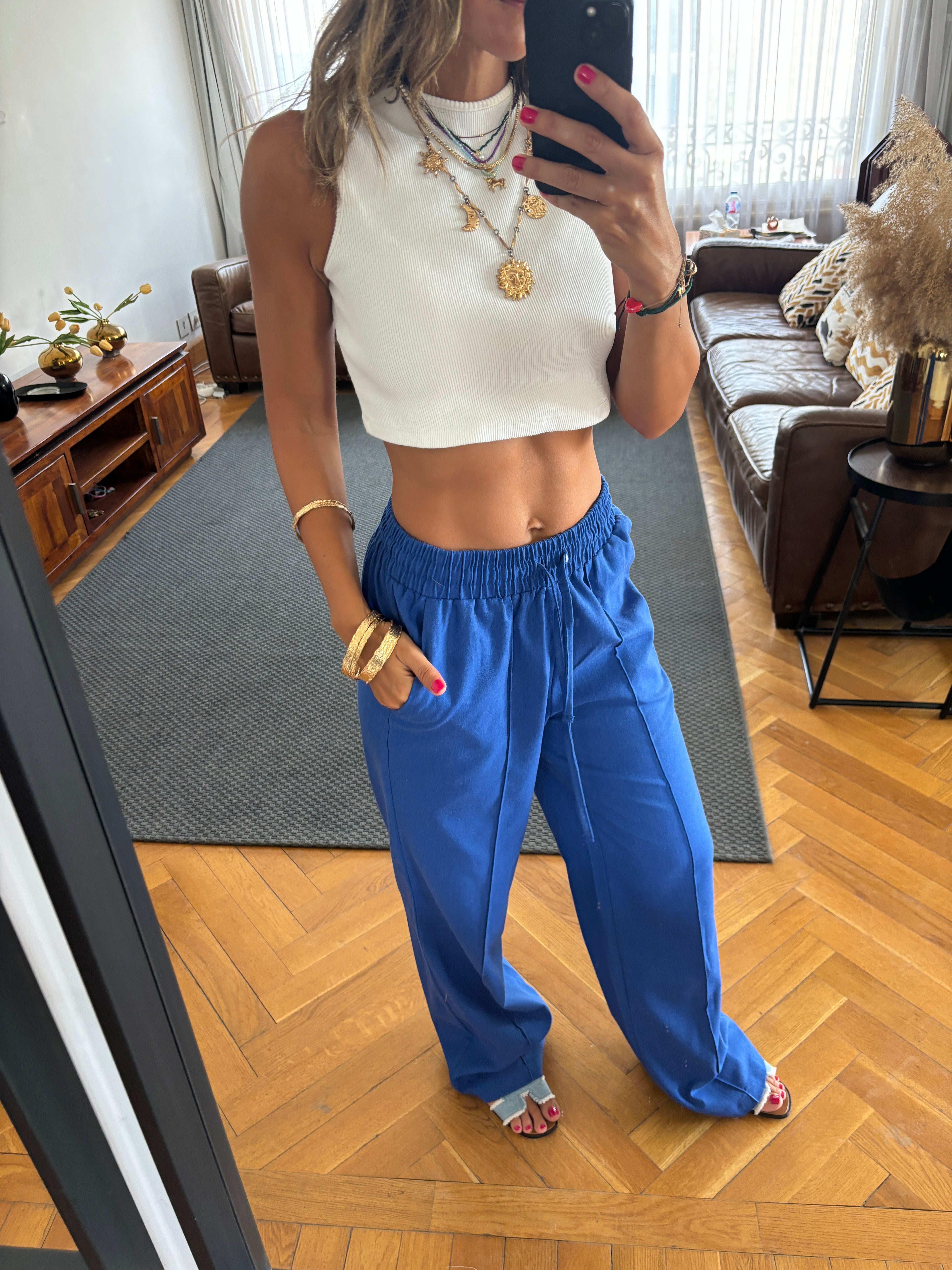 Blue Middle Line Linen Rope Pants