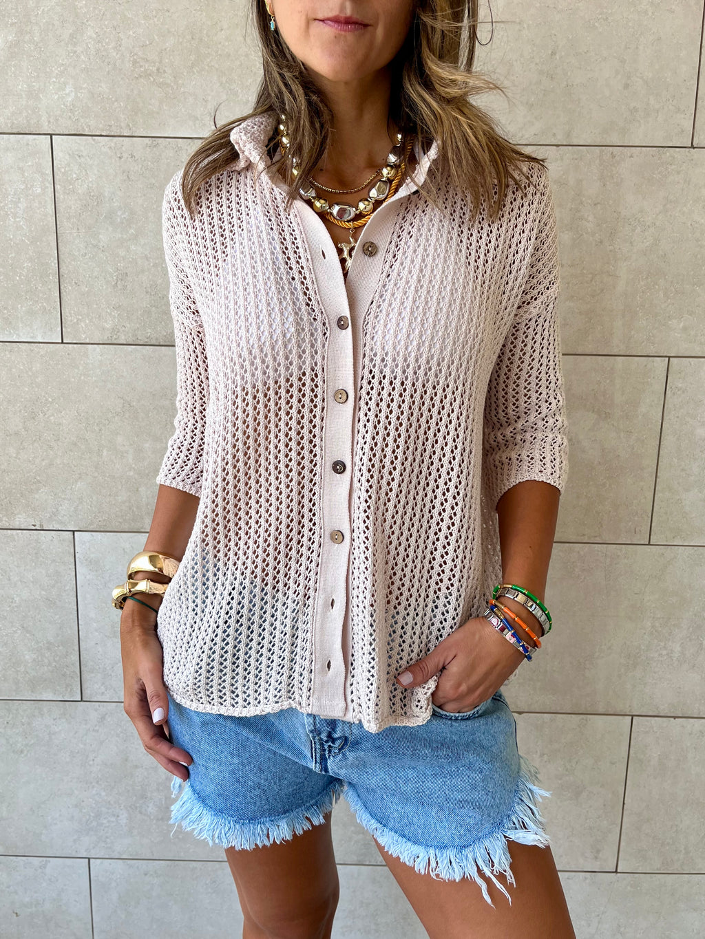 Beige Summer Moment Crochet Shirt