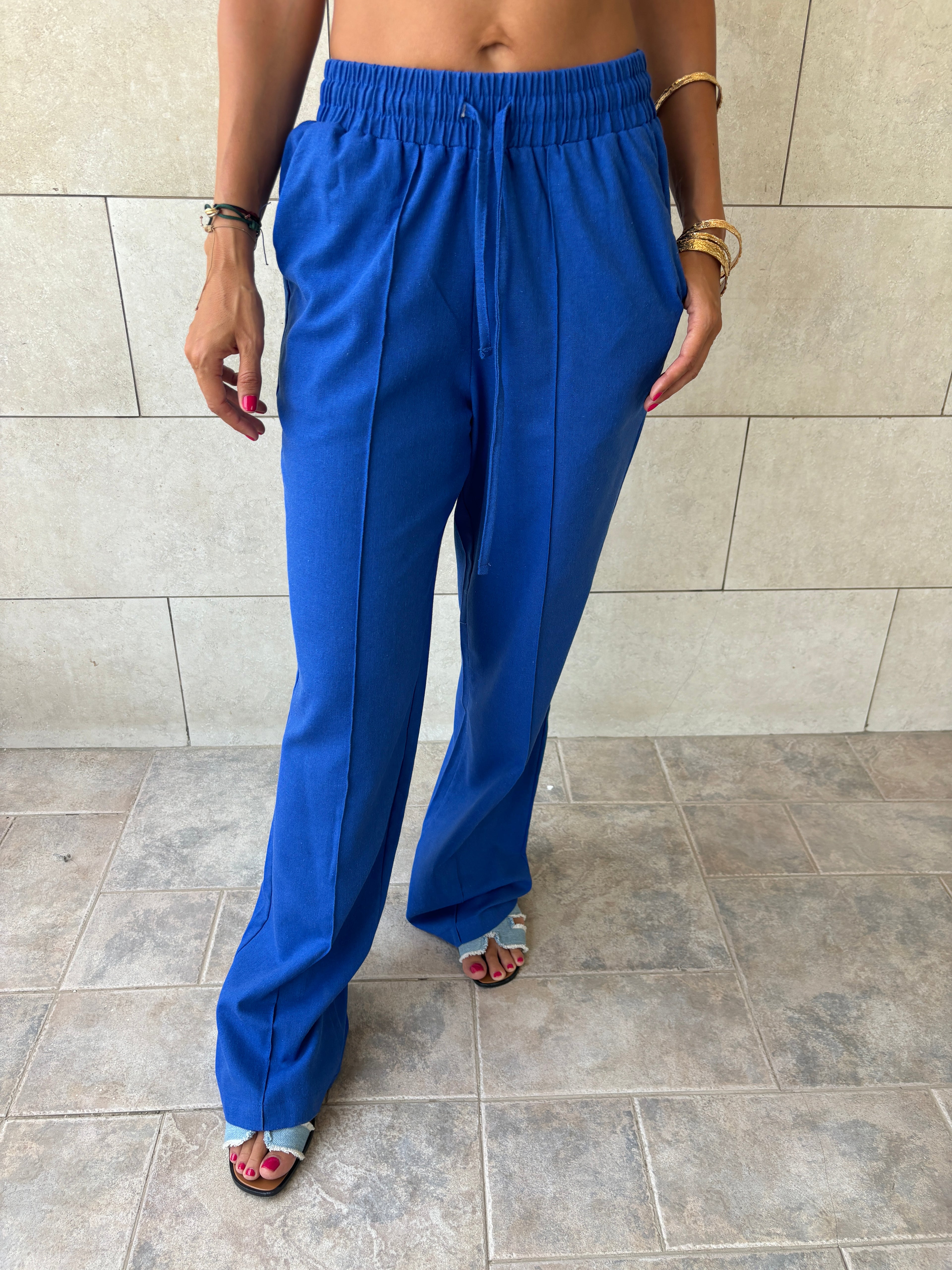 Blue Middle Line Linen Rope Pants
