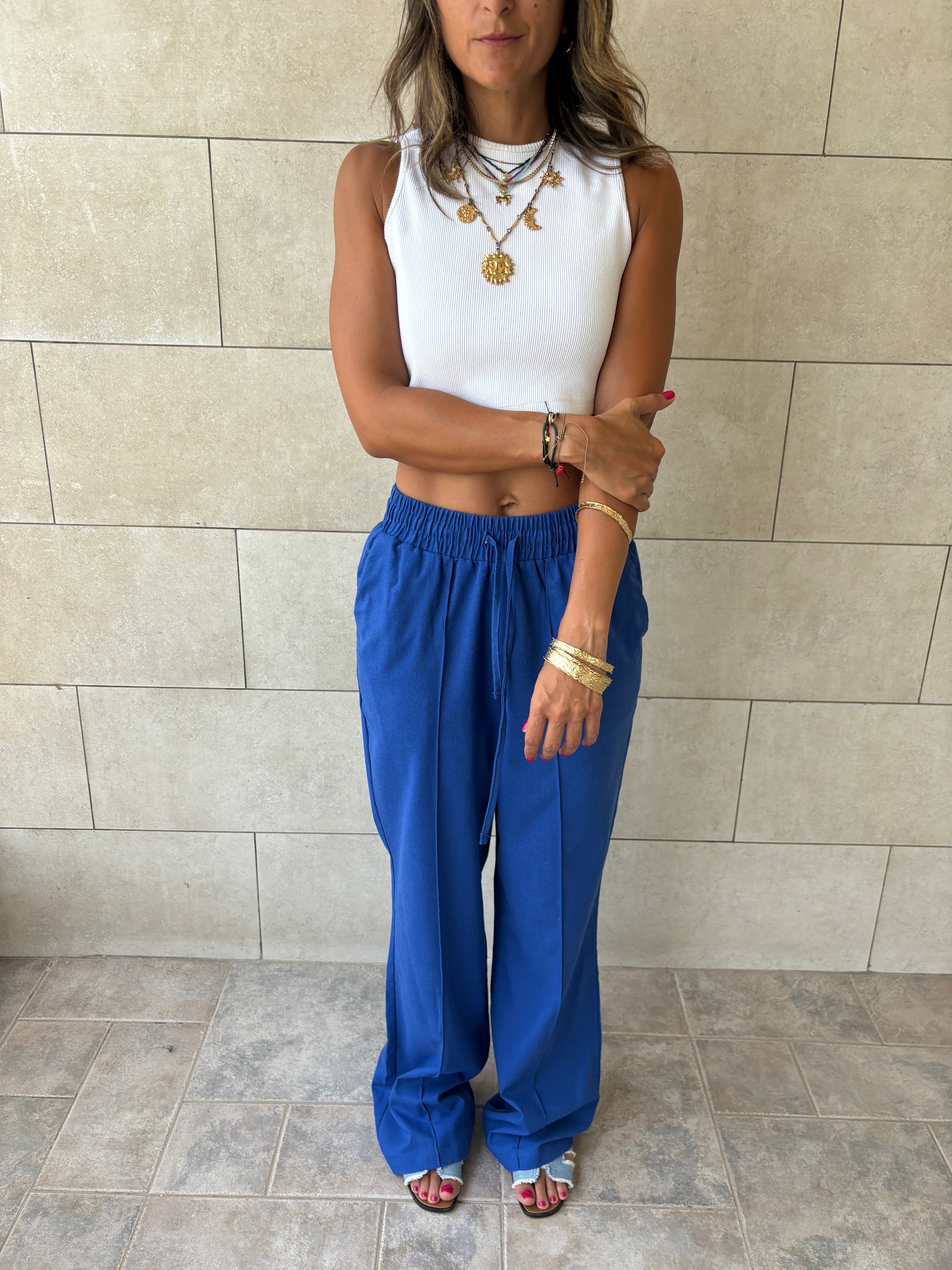 Blue Middle Line Linen Rope Pants