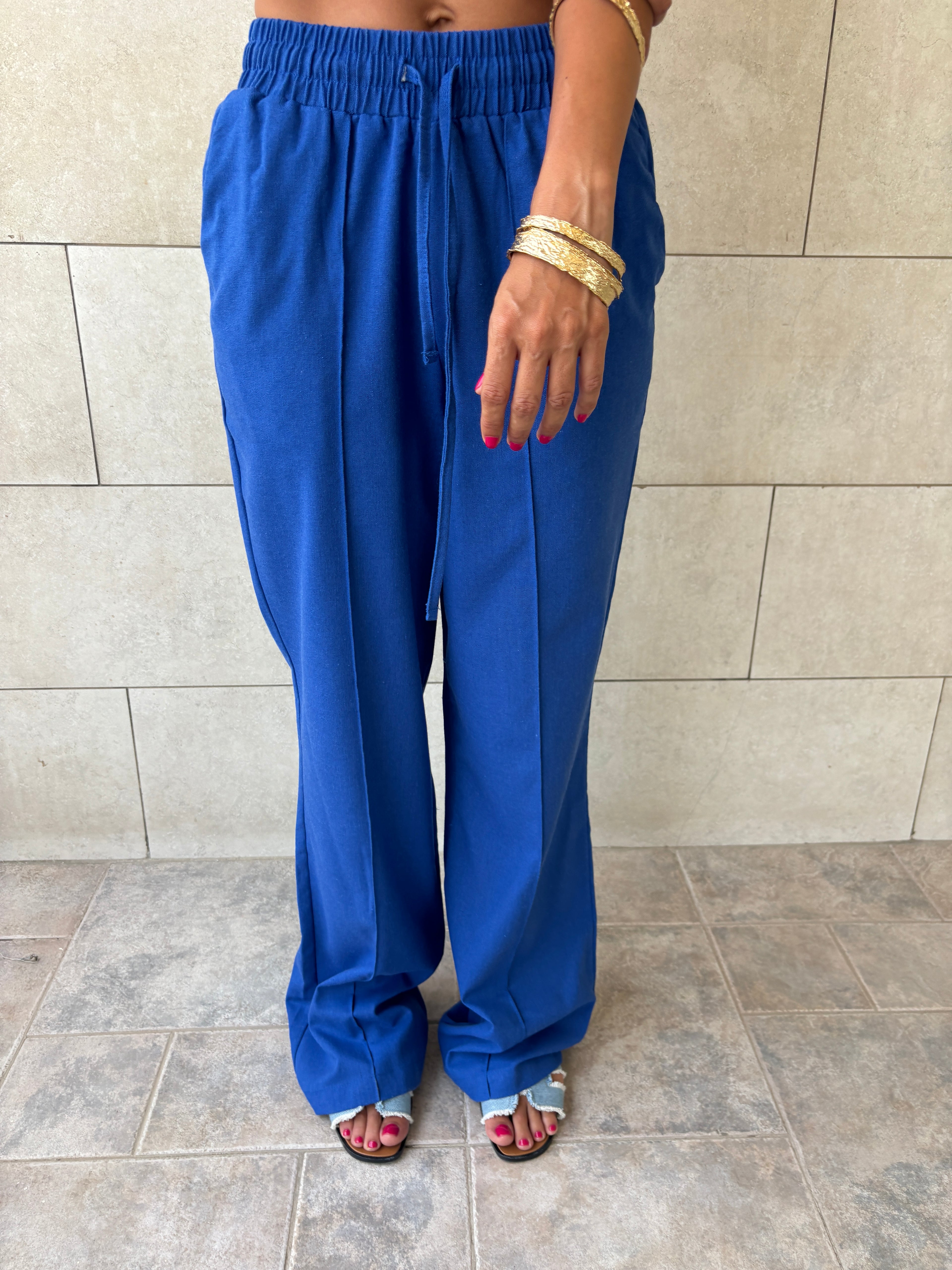 Blue Middle Line Linen Rope Pants
