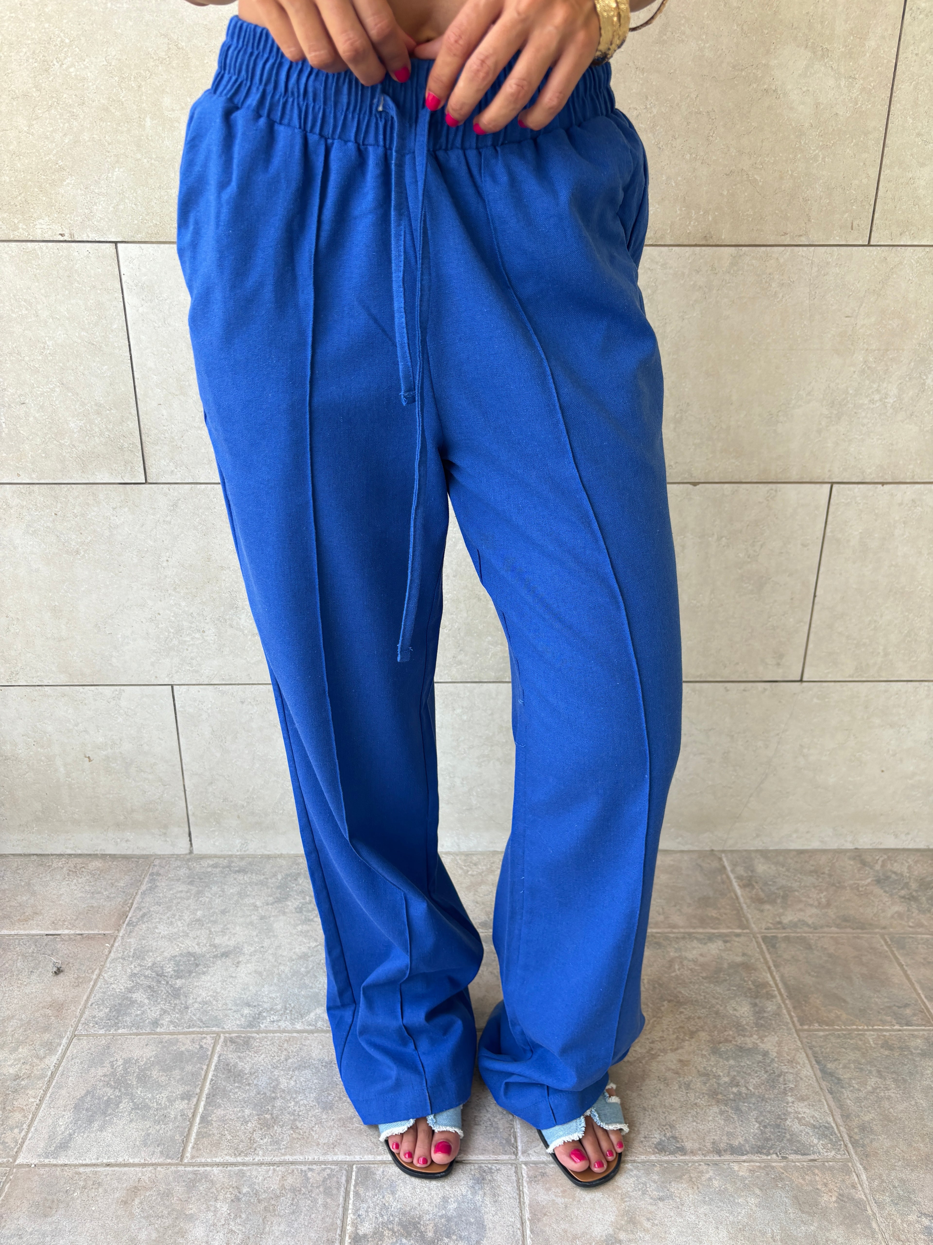 Blue Middle Line Linen Rope Pants