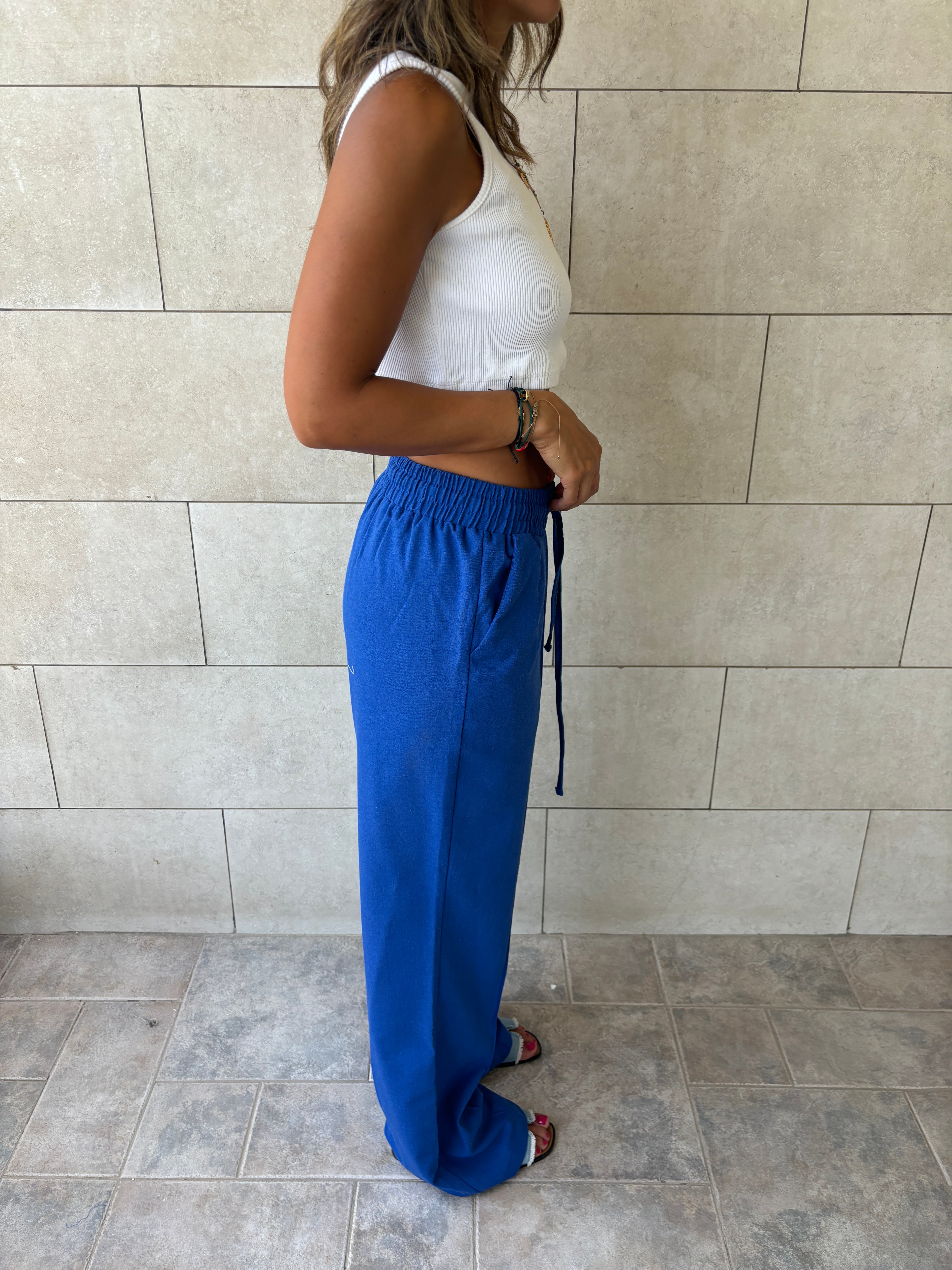 Blue Middle Line Linen Rope Pants