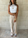 Beige Middle Line Linen Rope Pants