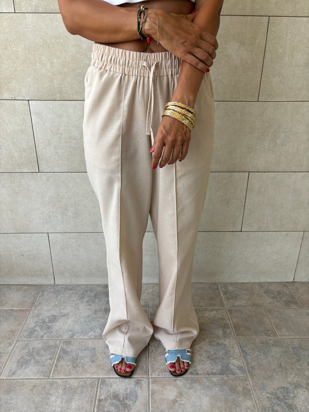 Beige Middle Line Linen Rope Pants
