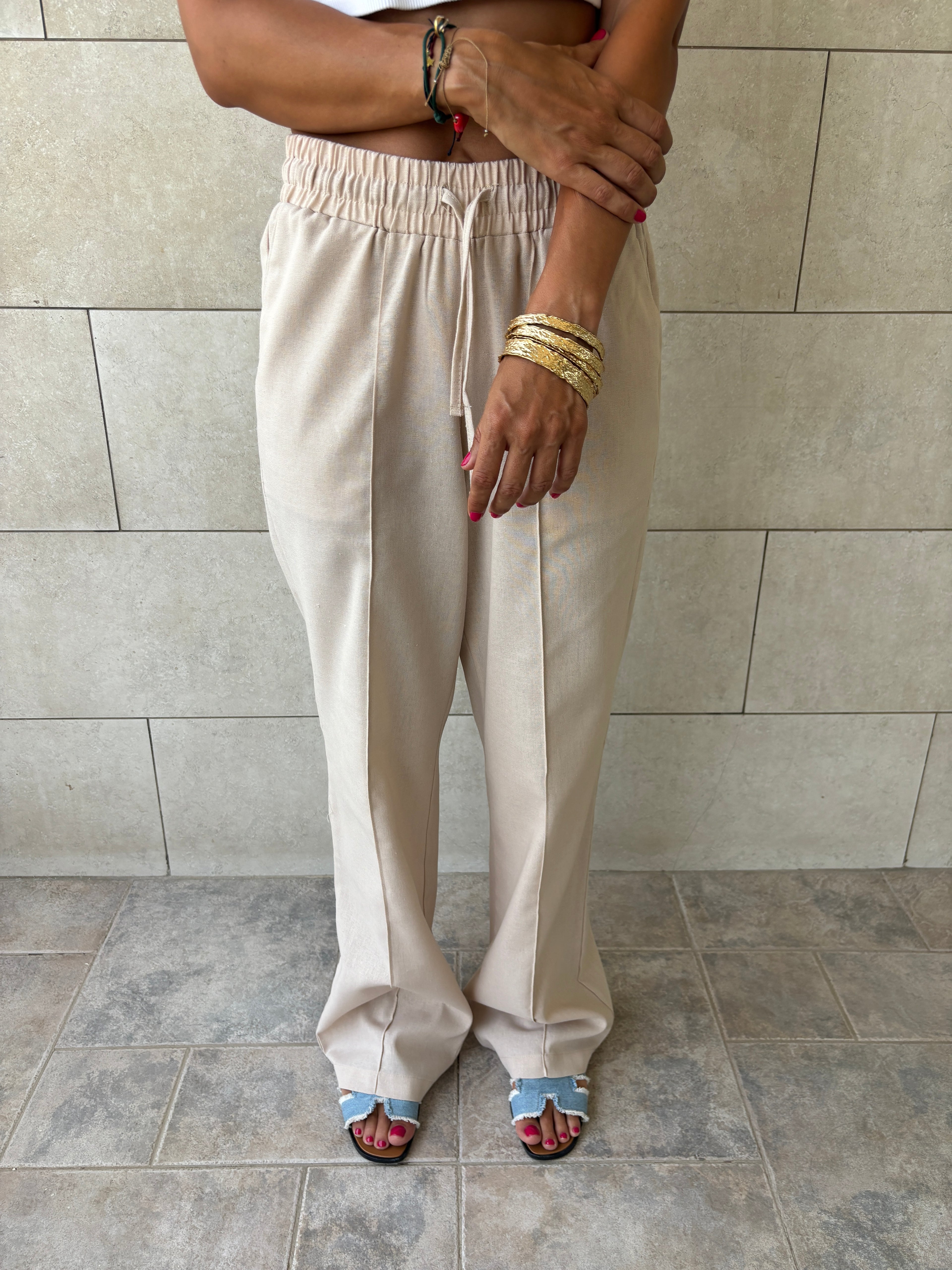 Beige Middle Line Linen Rope Pants
