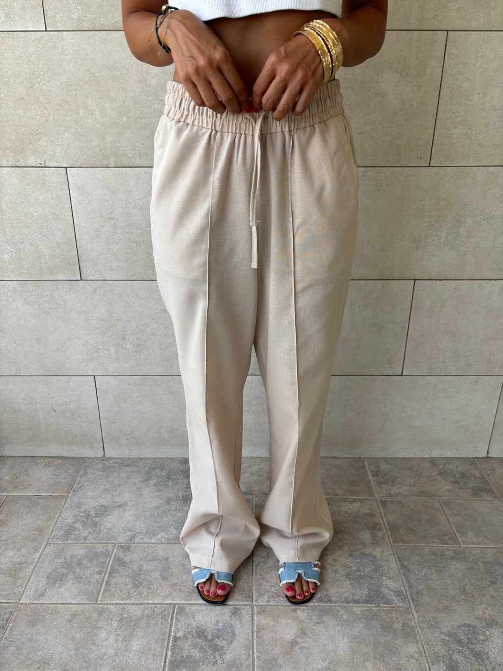 Beige Middle Line Linen Rope Pants