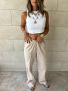 Beige Middle Line Linen Rope Pants