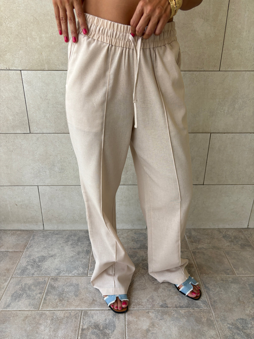 Beige Middle Line Linen Rope Pants