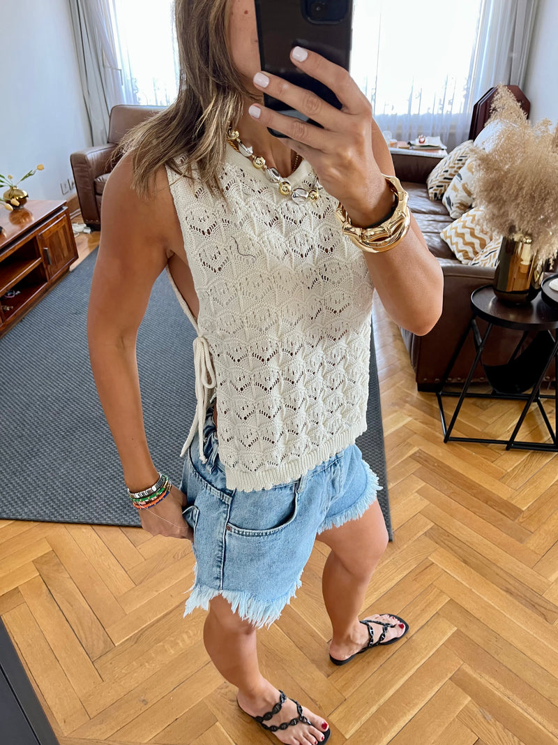Beige Side Tie Crochet Vest
