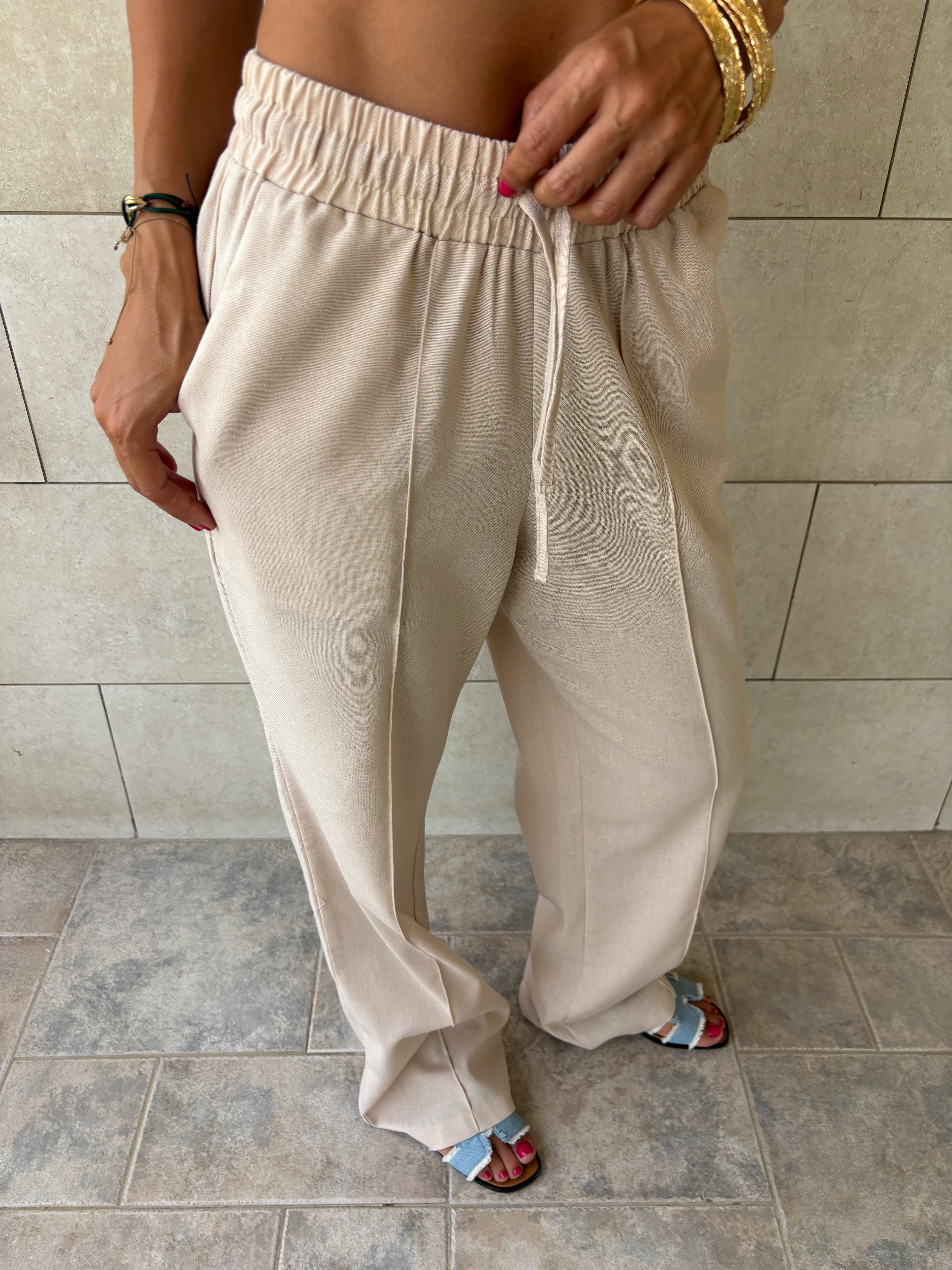 Beige Middle Line Linen Rope Pants