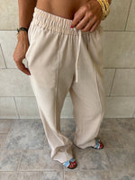 Beige Middle Line Linen Rope Pants