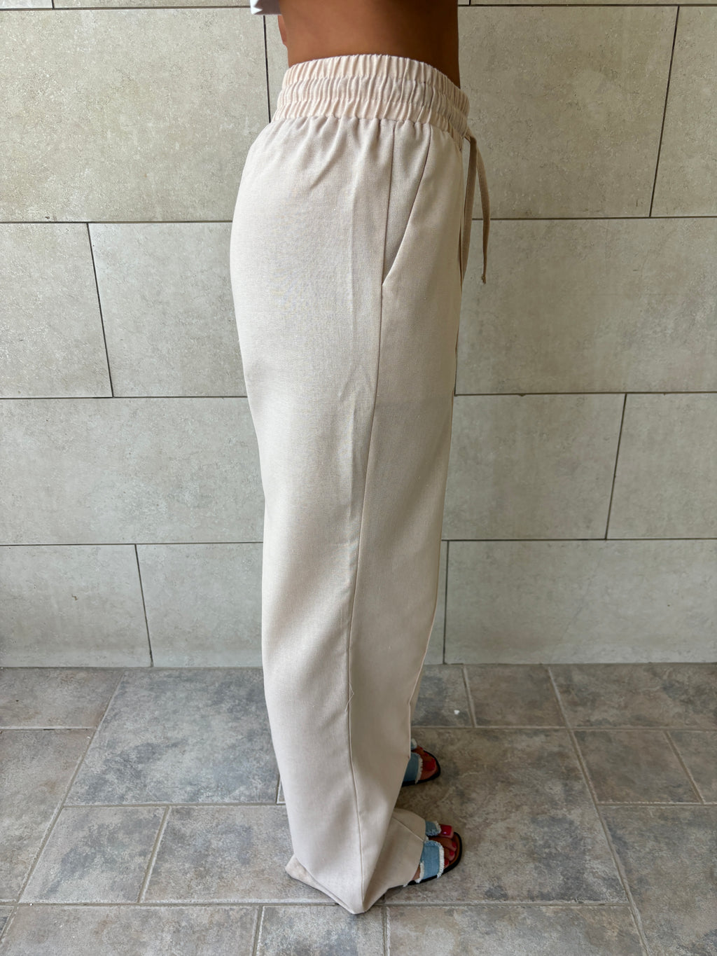 Beige Middle Line Linen Rope Pants
