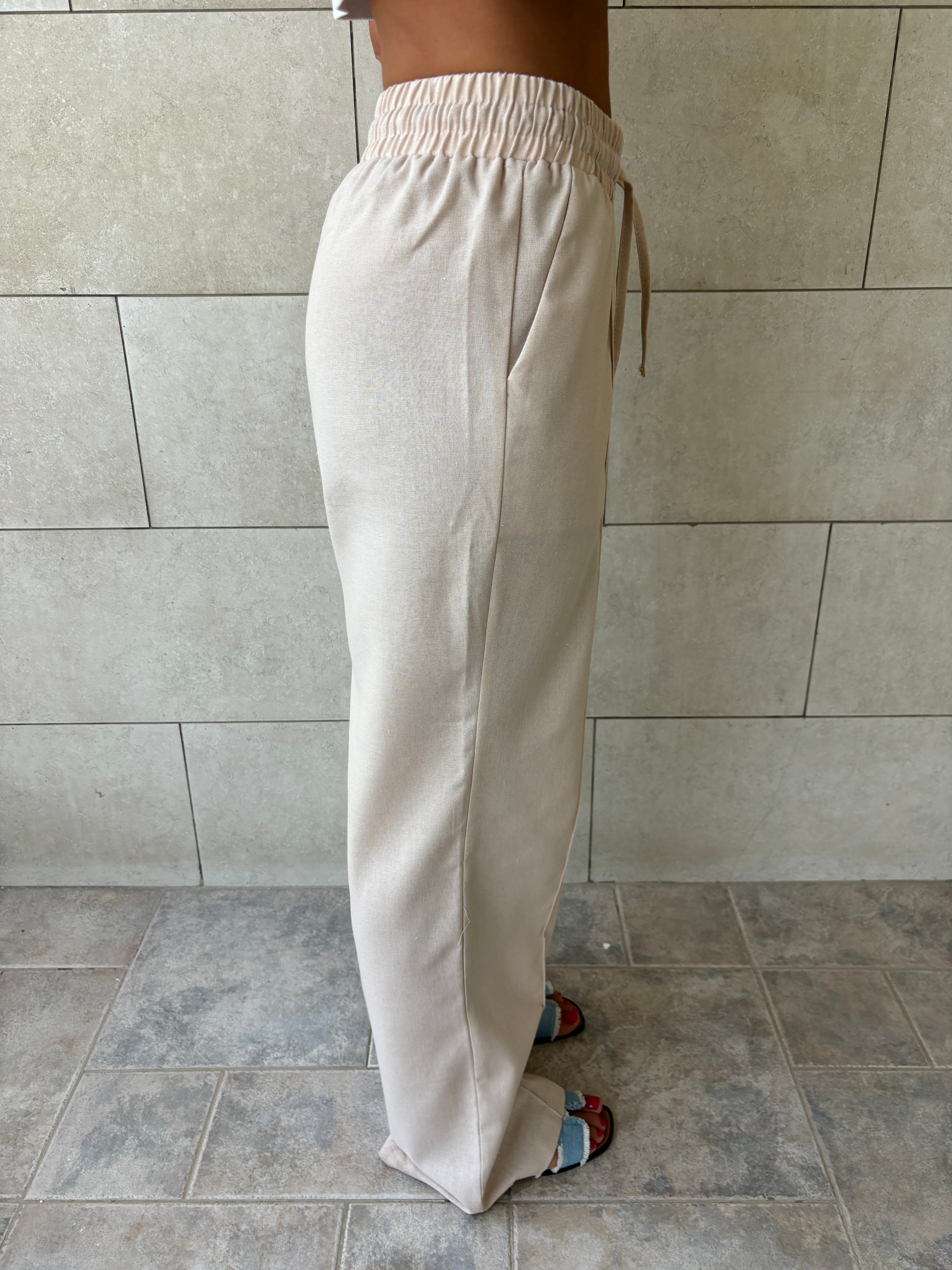 Beige Middle Line Linen Rope Pants