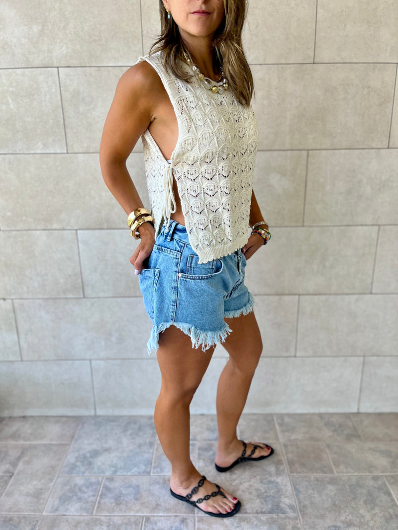 Beige Side Tie Crochet Vest
