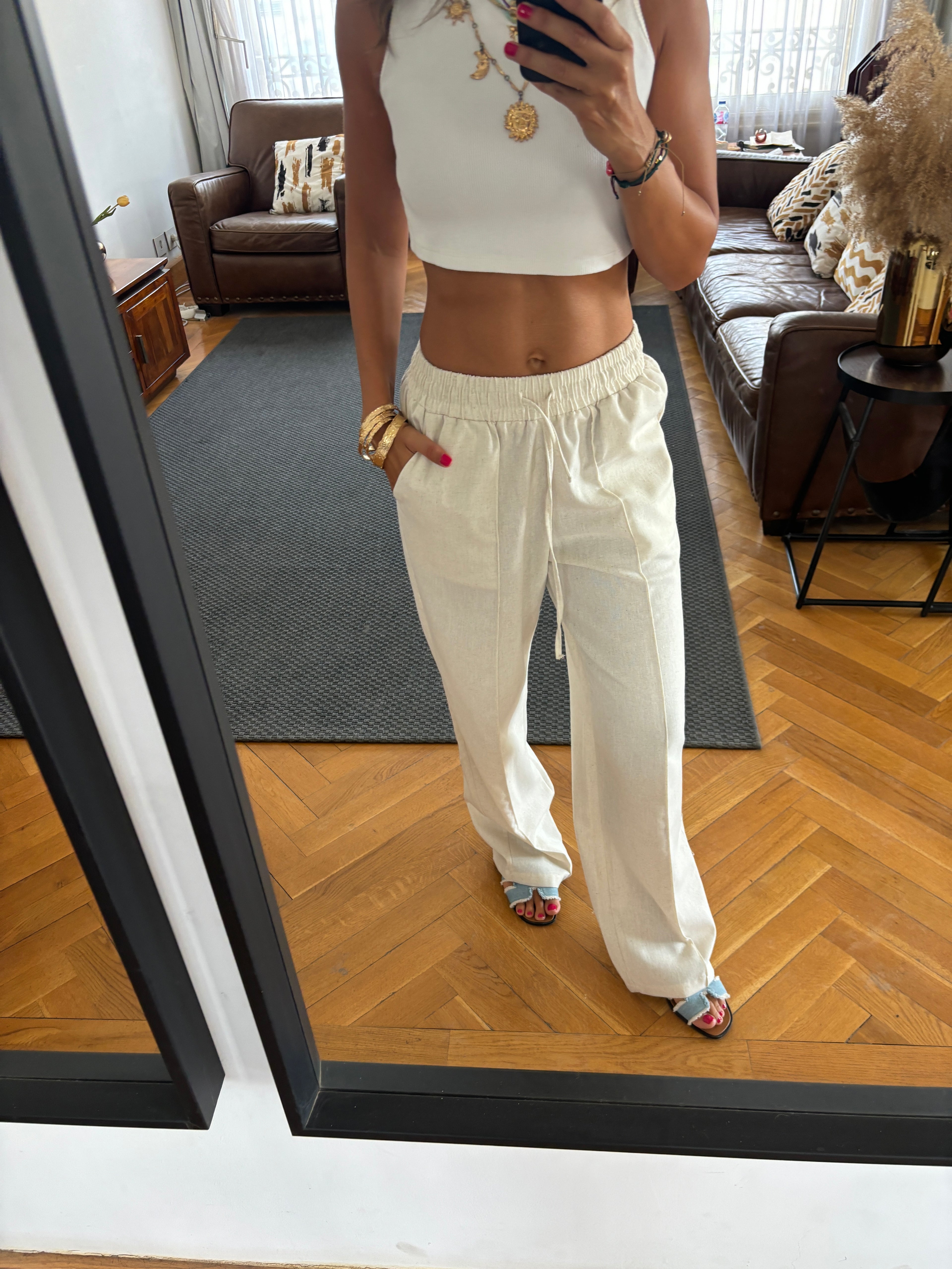 Ivory Middle Line Linen Rope Pants