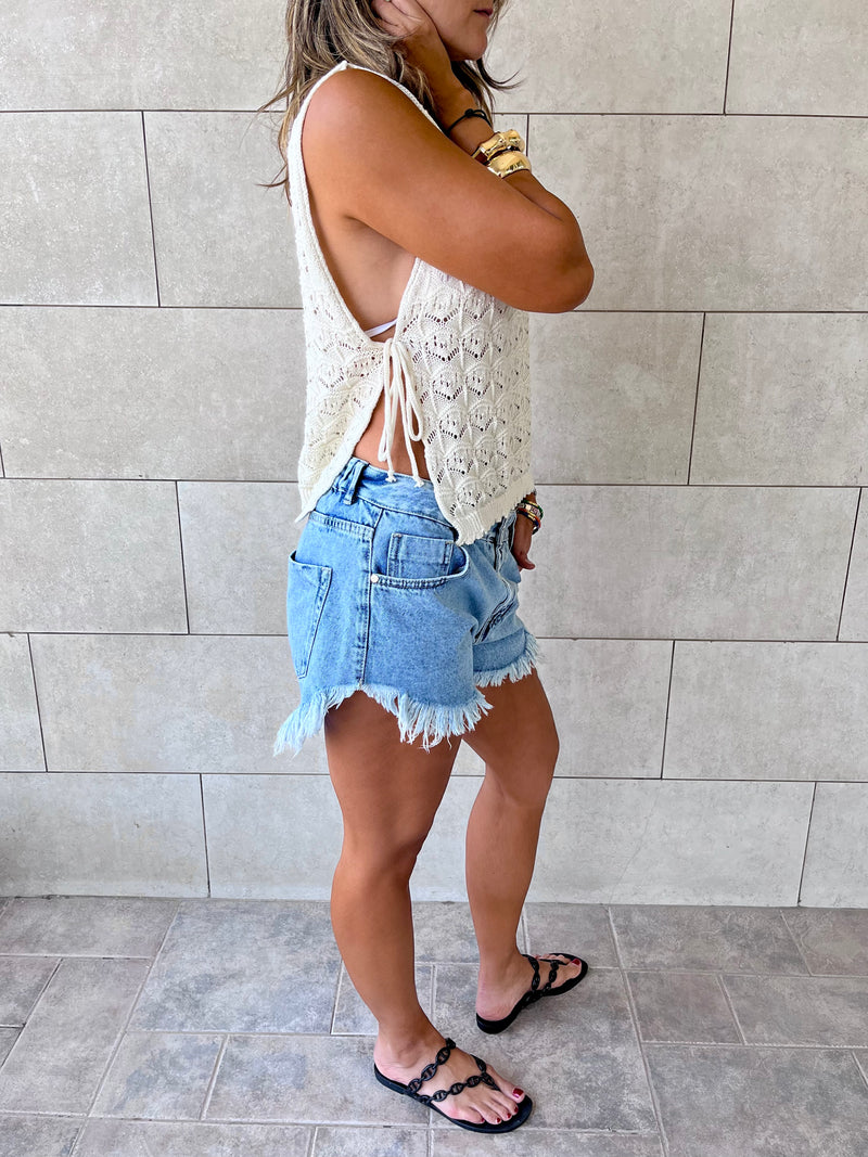Beige Side Tie Crochet Vest