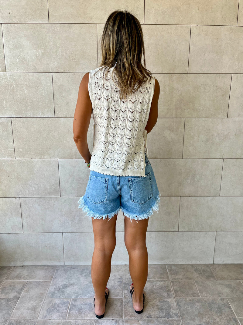 Beige Side Tie Crochet Vest
