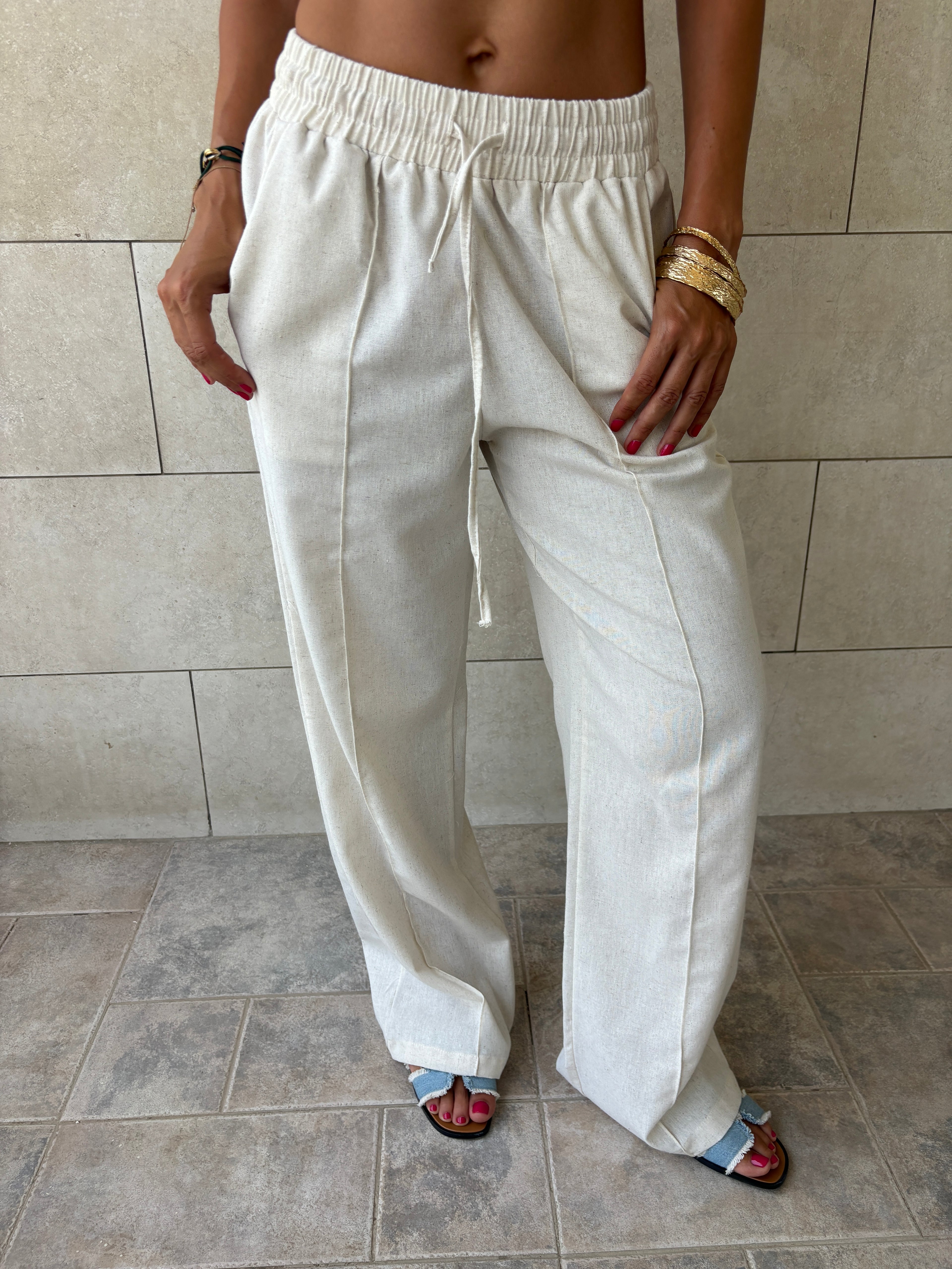 Ivory Middle Line Linen Rope Pants