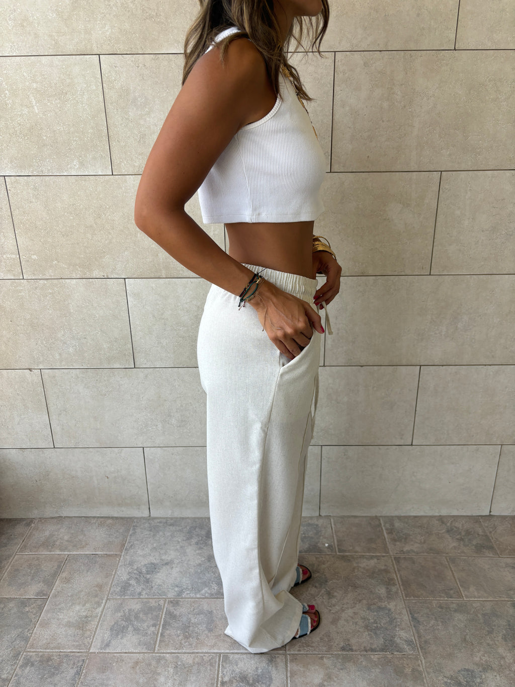 Ivory Middle Line Linen Rope Pants