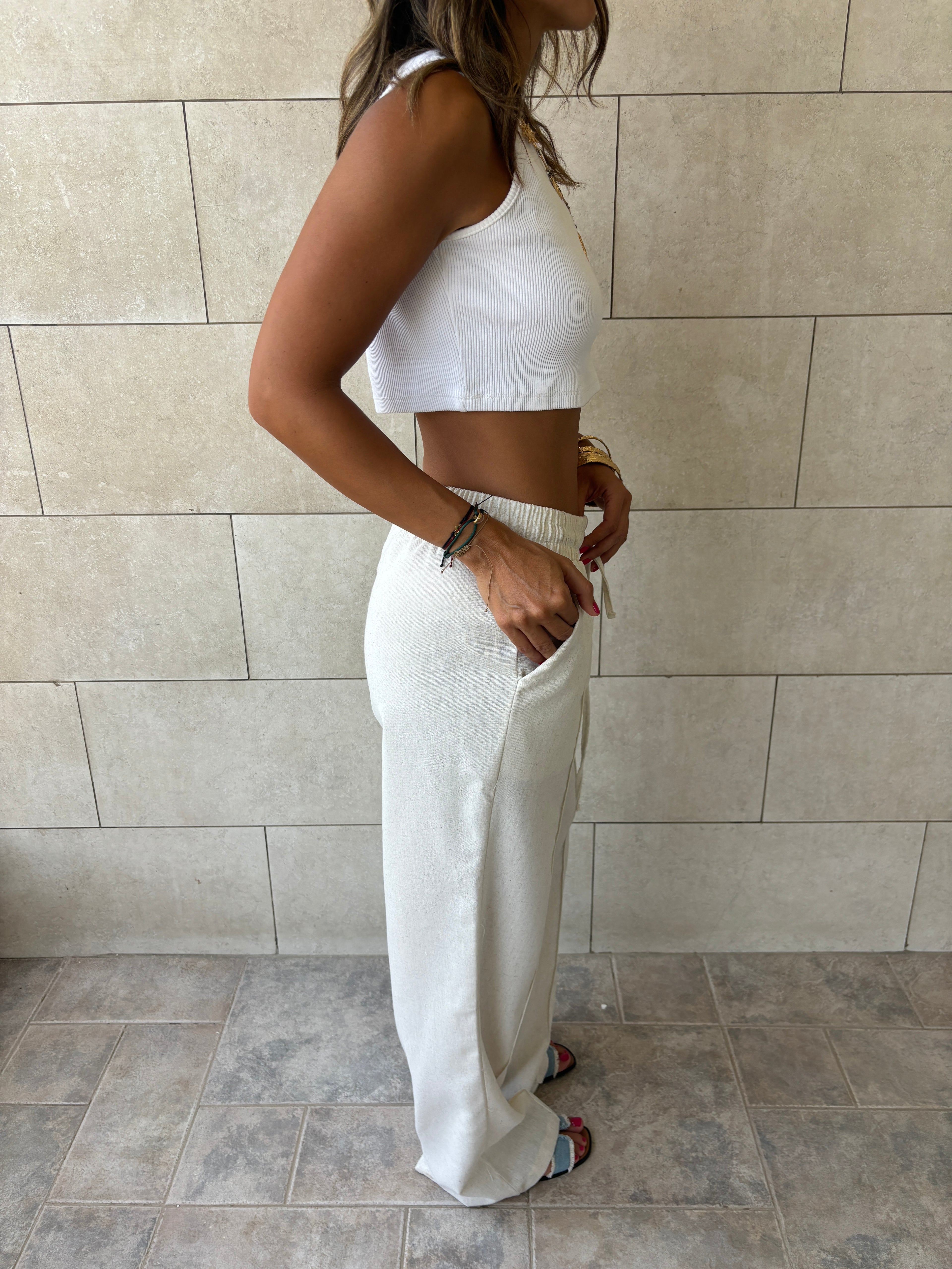 Ivory Middle Line Linen Rope Pants