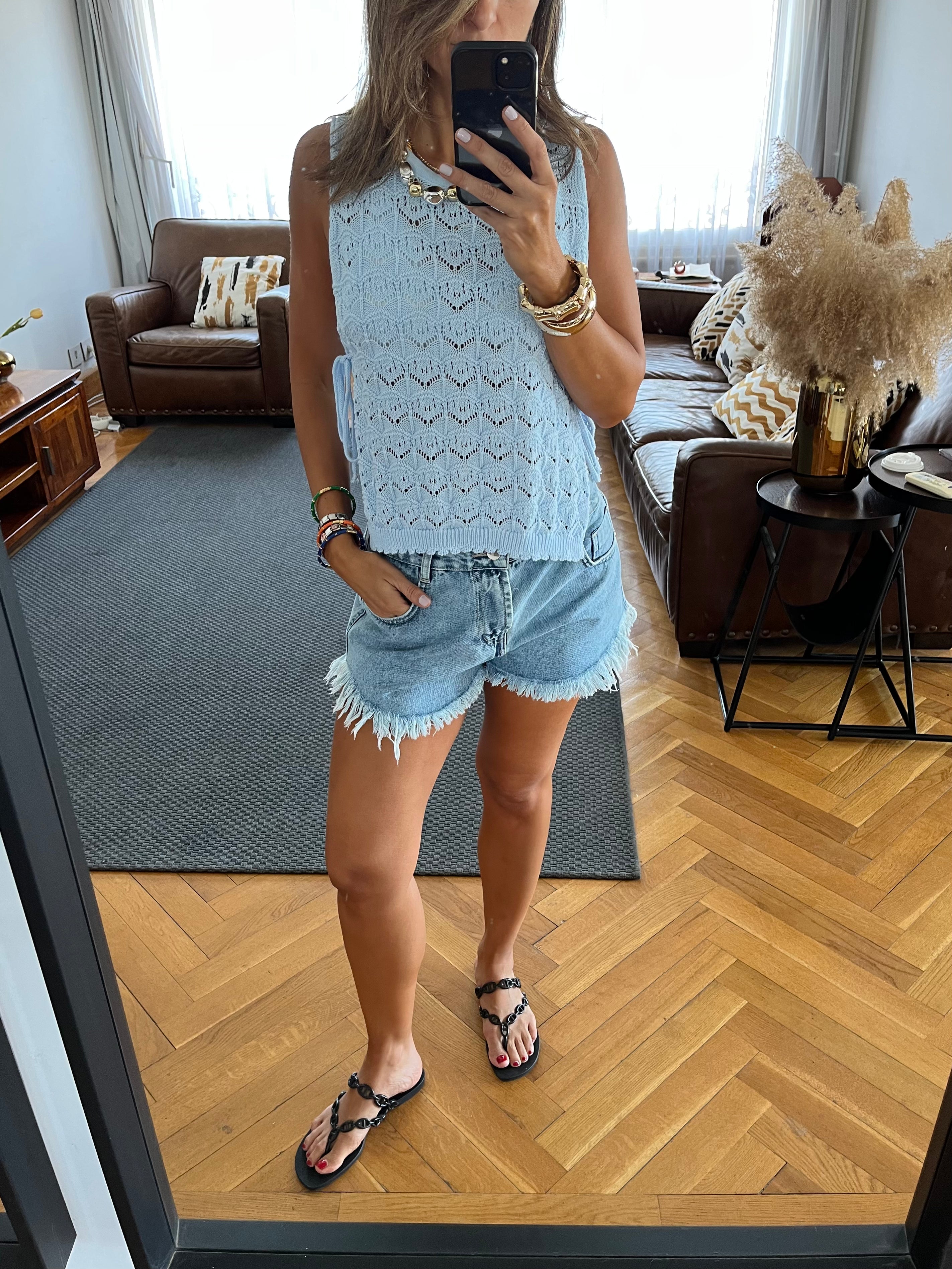 Baby Blue Side Tie Crochet Vest