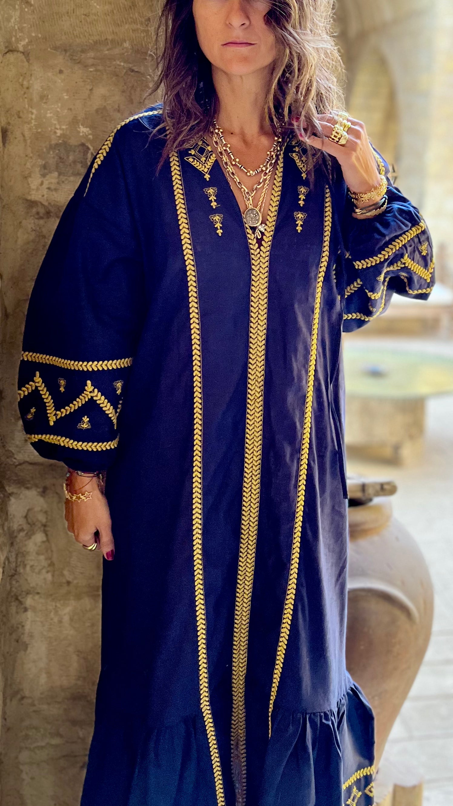 Navy Linen Embroidered Golden Dress