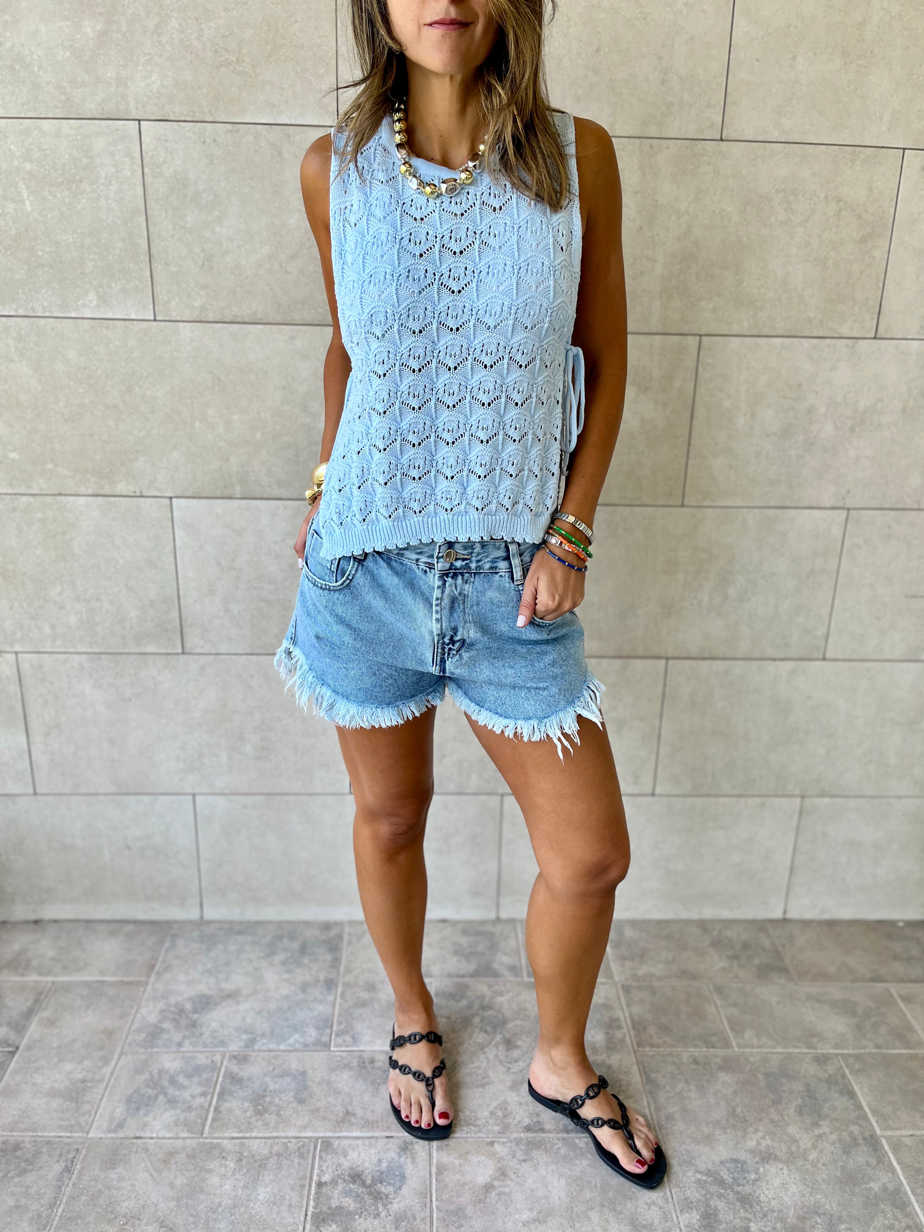 Baby Blue Side Tie Crochet Vest
