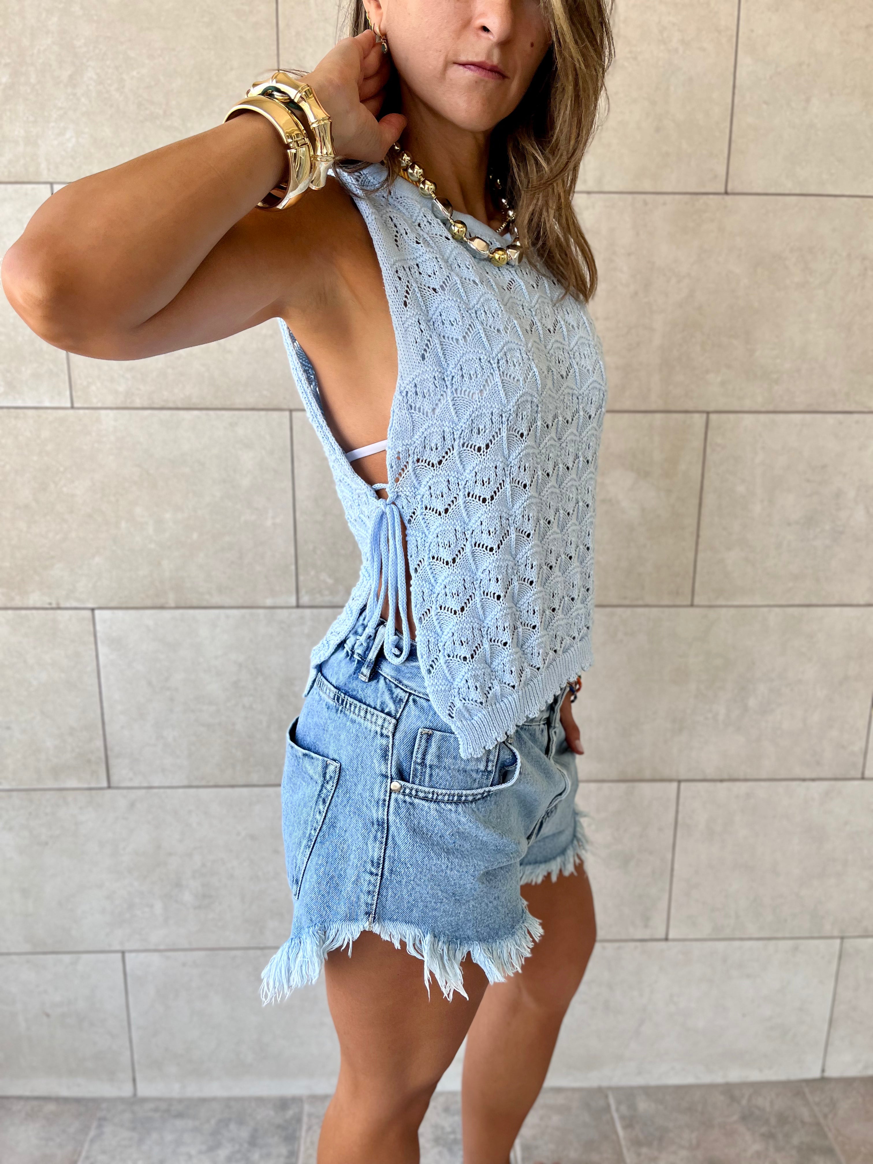 Baby Blue Side Tie Crochet Vest
