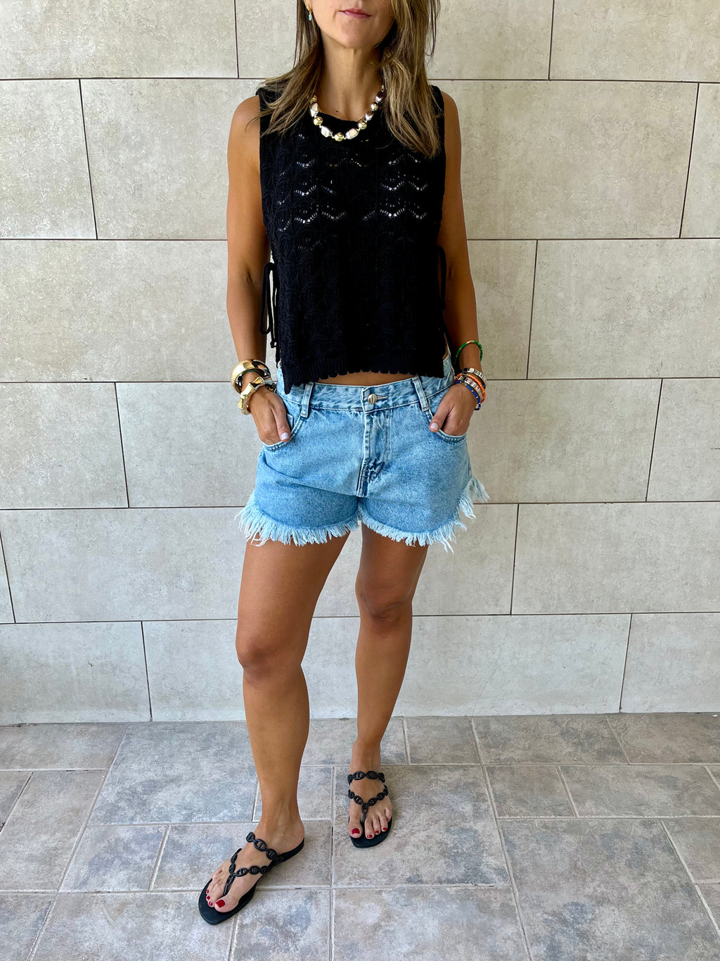 Black Side Tie Crochet Vest