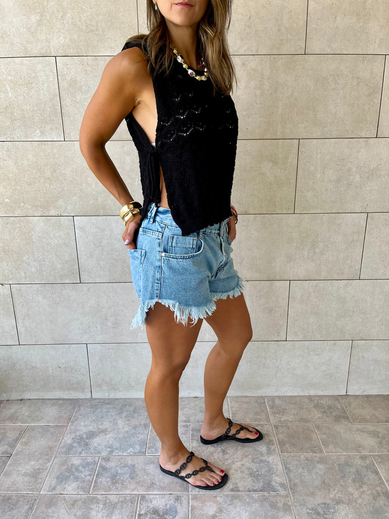 Black Side Tie Crochet Vest