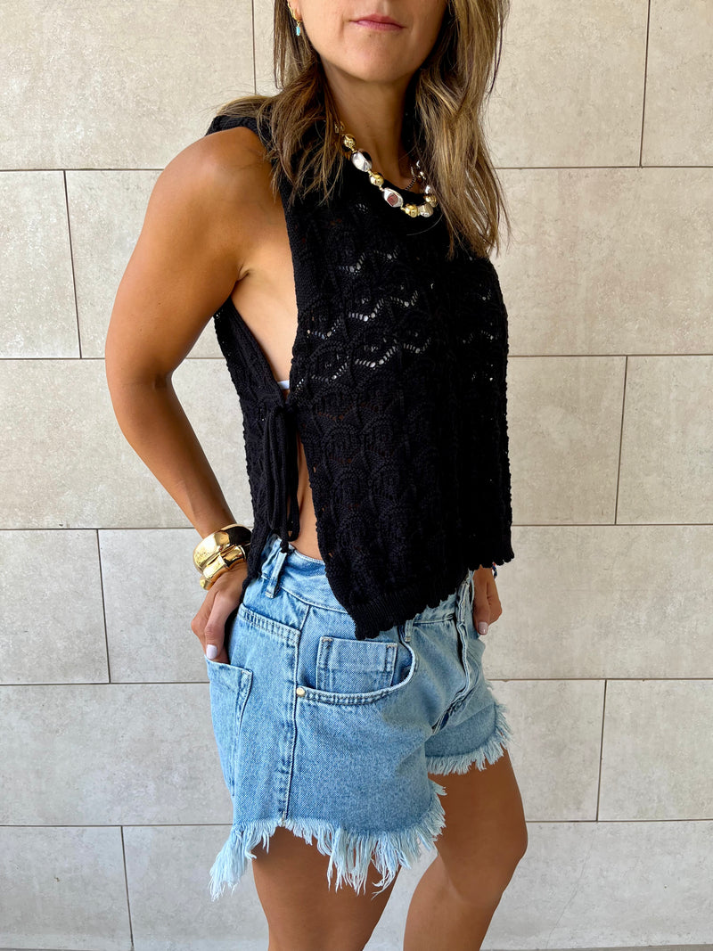 Black Side Tie Crochet Vest